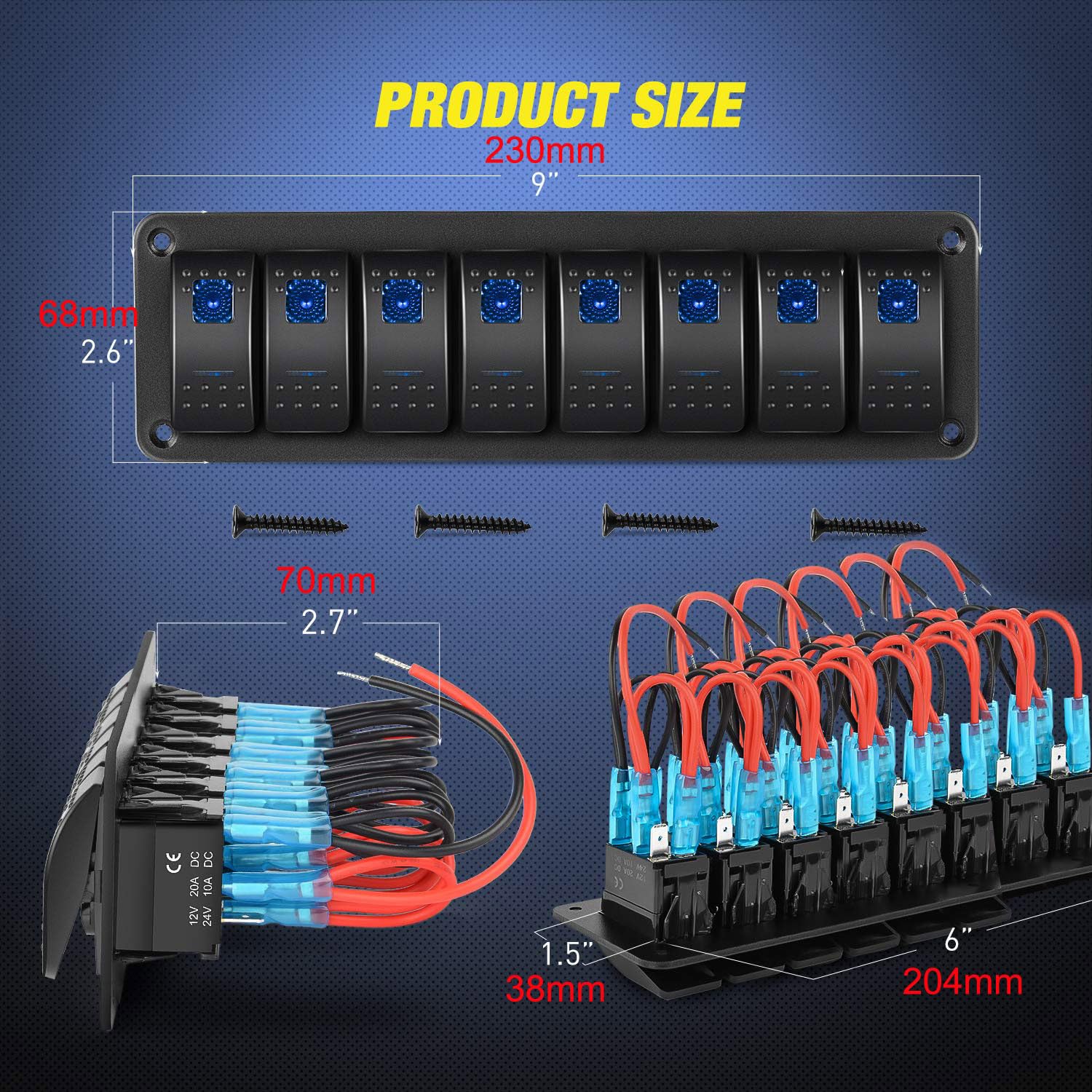Greluma 1 Pezzo Pannello interruttori a bilanciere 8 bande,interruttore a levetta,interruttore bilanciere precablato DC 12V-24V ON/Off,interruttore retroilluminato blu per auto,barca,camper e veicoli