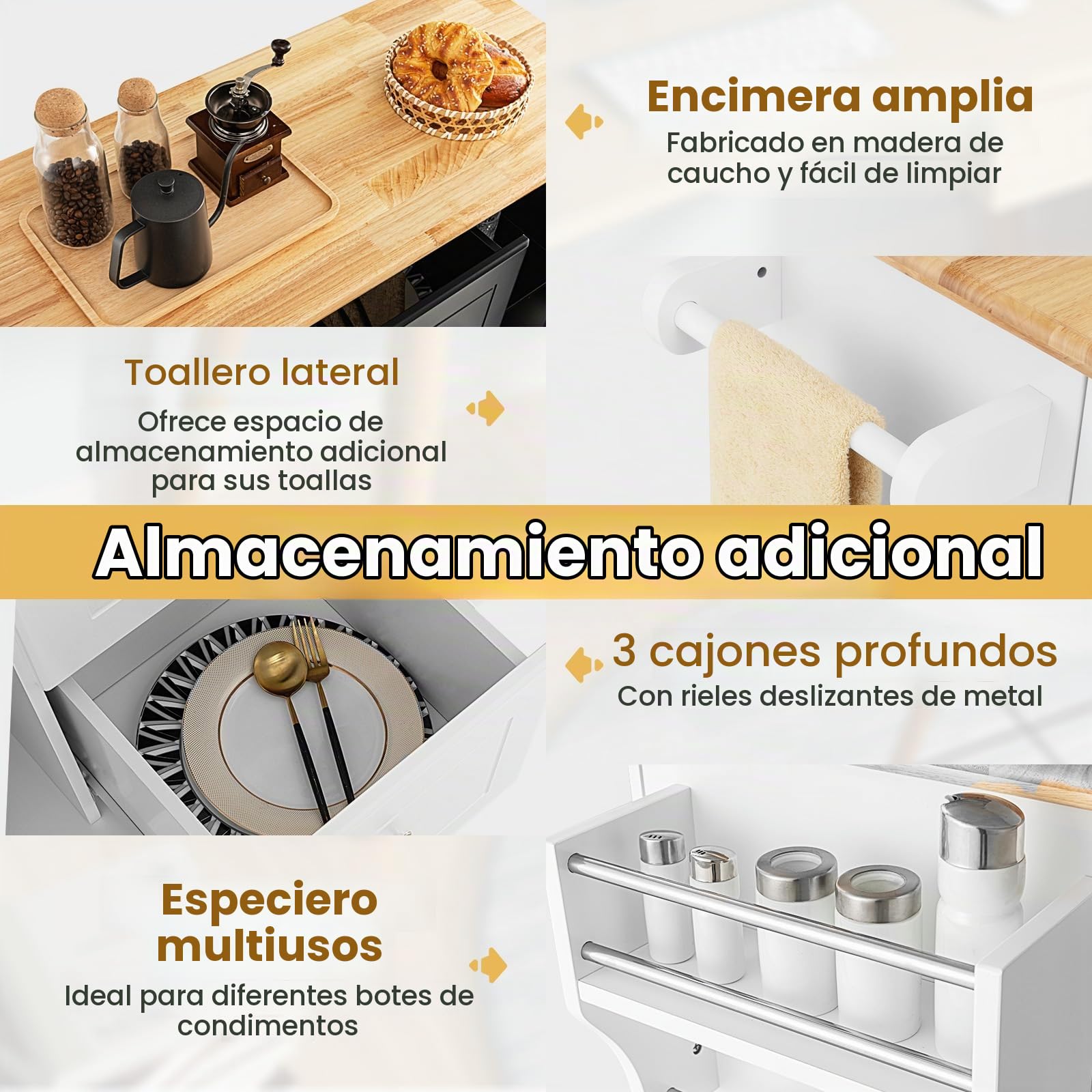 KOMFOTTEU Carro de Cocina con 5 Ruedas, Isla de Cocina con Encimera de Madera de Caucho, Carro de Servicio con 2 Armarios, 3 Cajones, Especiero y Toallero, Aparador para Salón, Comedor (Blanco)