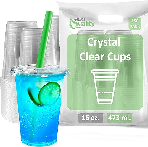 Vasos desechables de plástico transparente con tapas y popotes para batidos, 150 unidades, 16 onzas (onzas) taza de PET transparente para batidos,