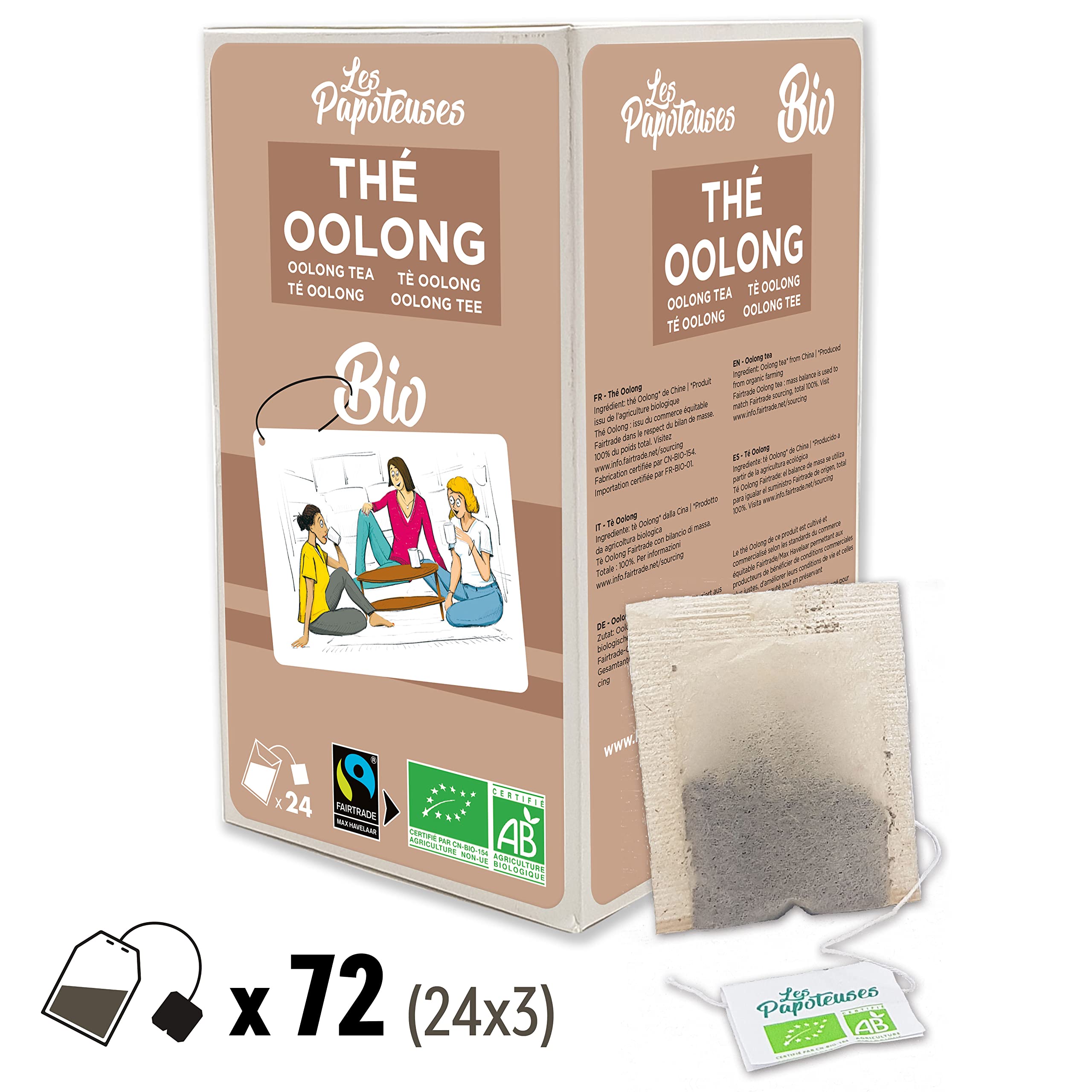 Les Papoteuses | Tè Oolong biologico dalla Cina | 72 Borse | Certificato biologico e del commercio equo e solidale | Set di 3 scatole da 24 bustine di foglie di tè Oolong