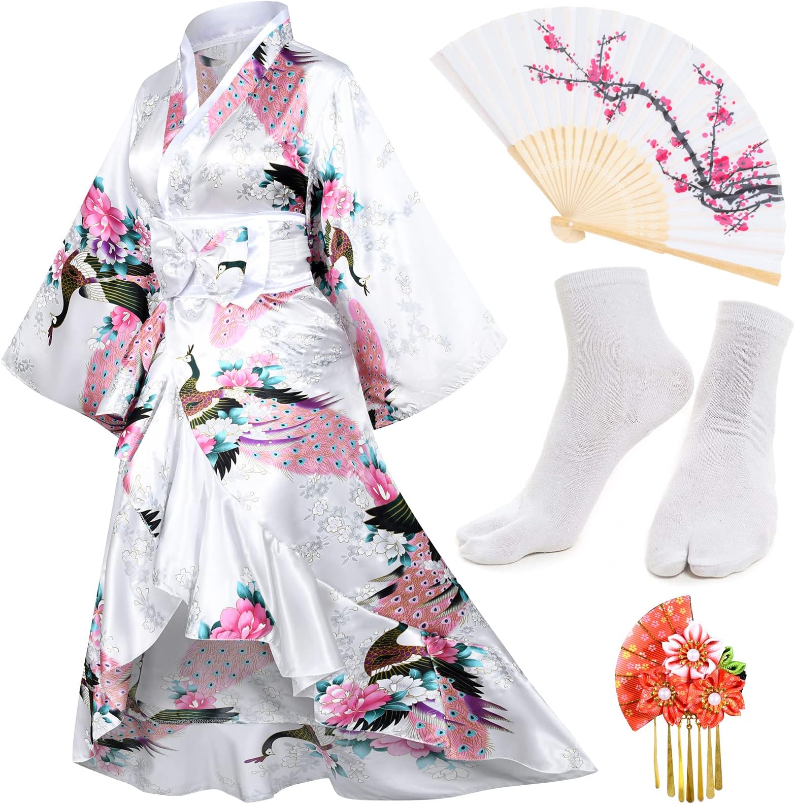 Women's Kimono Robe Geisha Yukata Sweet Tuxedo Ruffle Dress Blossom Satin Bathrobe Sleepwear Fans Tabi Socks set