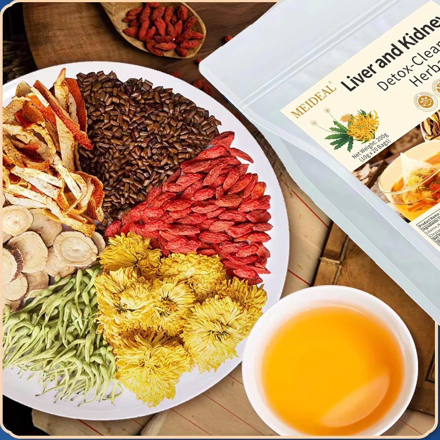 Premium Kidney and Liver Detox Tea, 8 Natural Herbal ingredients Blend, Included Dandelion Root, Goji Berry, Red Date, Licorice,Cassia Seeds, and Chrysanthemum, Caffeine & Sugar Free Herbal Tea (2 Bags-400g (10g x 40 Pcs)