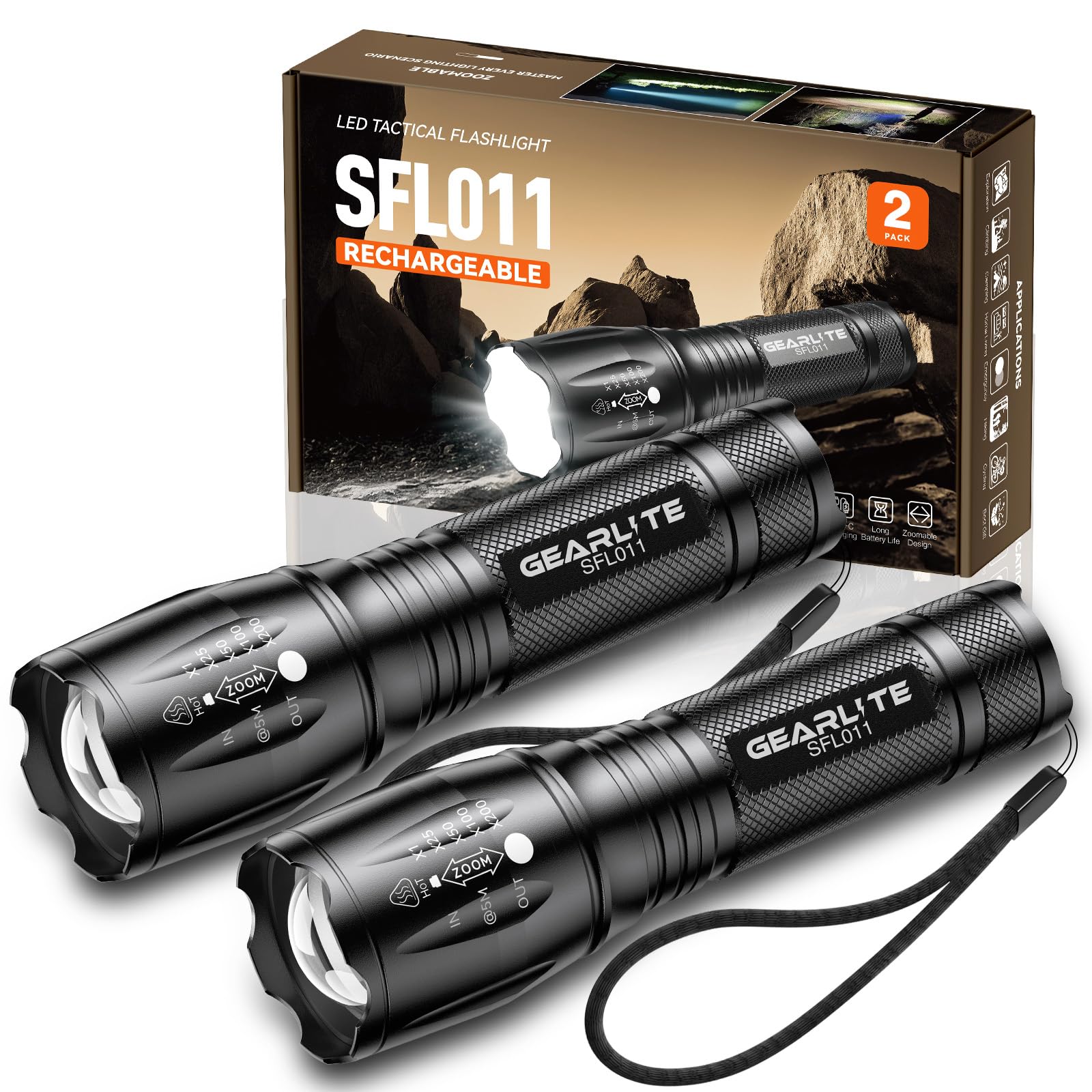 GEARLITE LED Torch Rechargeable 2Packs, 2000LM Zoomable Rechargeable Torch with 3 Modes