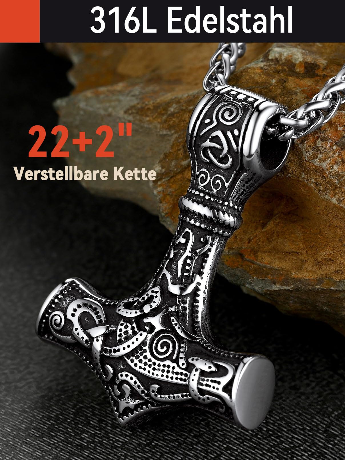 FaithHeart Halskette Herren Edelstahl Wikinger Mjölnir Kette für Jungen Schmuck für Weihnachten Geburtstag