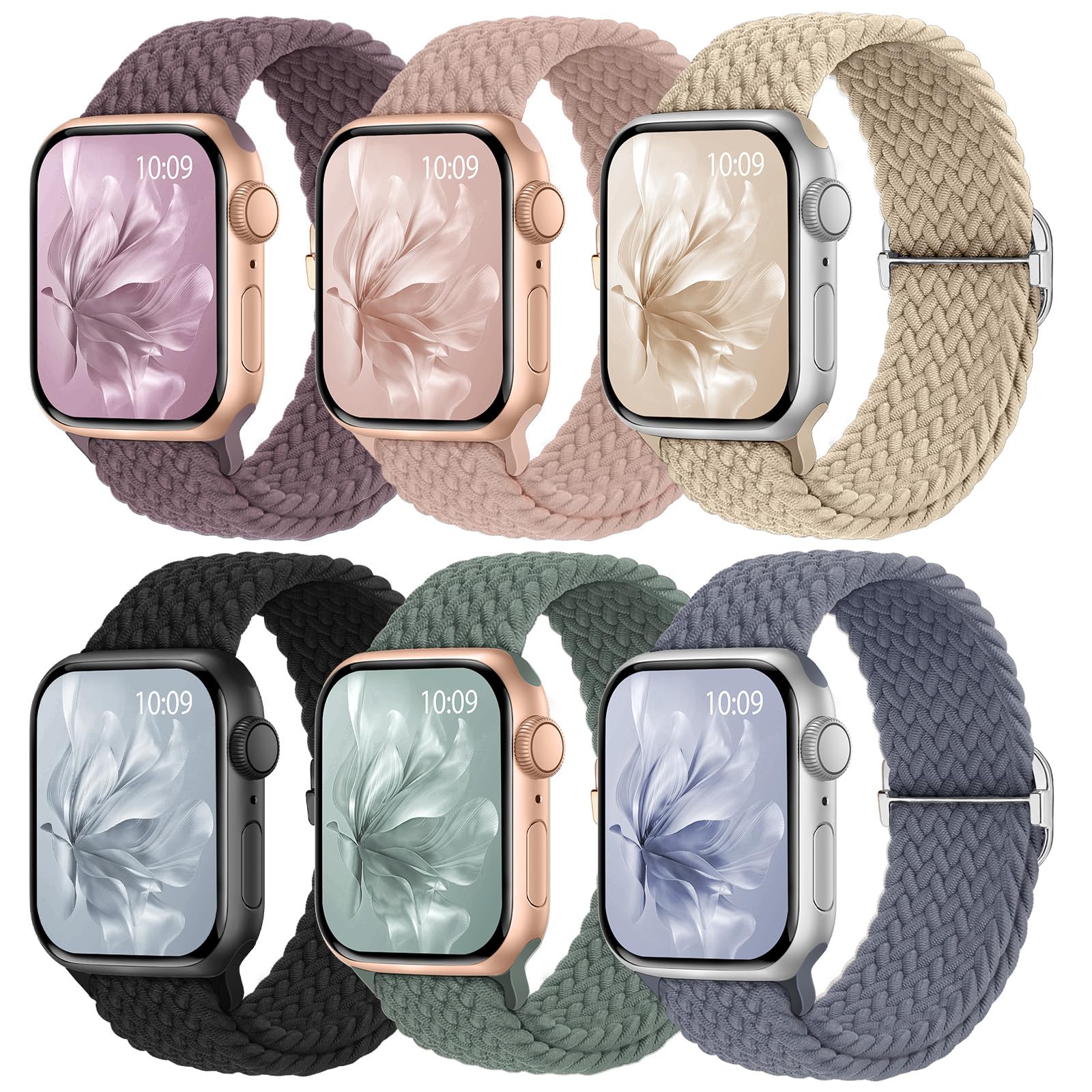 6 Pack Braided Stretchy Bands Compatible with Apple Watch Band 38mm 40mm 41mm 42mm 44mm 45mm 46mm 49mm Women Men, Adjustable Nylon Solo Loop Elastic
