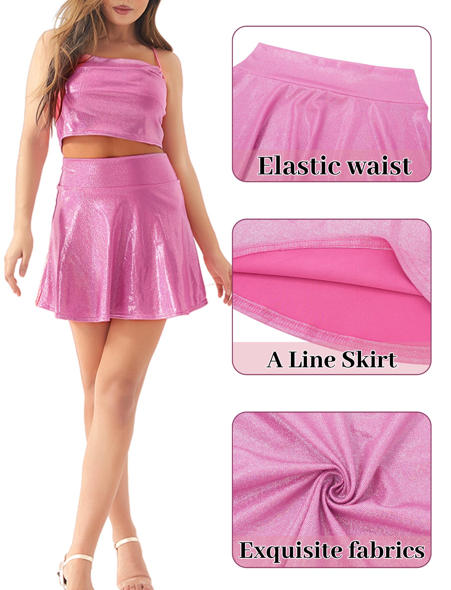 FEOYA Gonna da donna lucida metallizzata effetto bagnato, elasticizzata, a vita alta, svasata, plissettata, mini gonne skater tinta unita