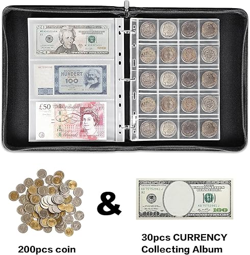 Miniatura 2 de Soporte para libros de colección de monedas, álbum de monedas 2 en 1 con 200 bolsillos para monedas y 30 bolsillos de papel para almacenamiento de