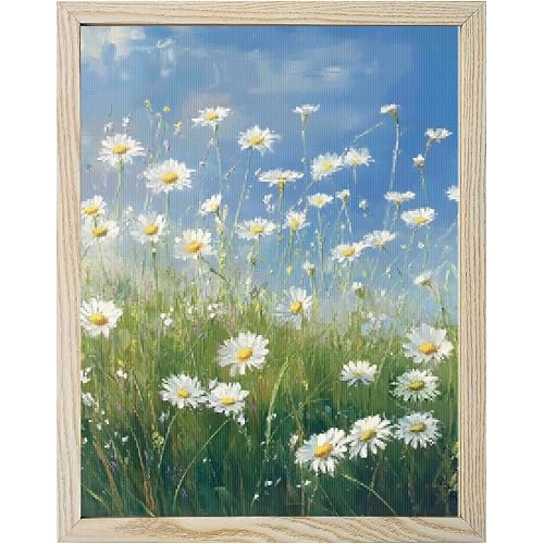 Modern Daisy Flower Sky Art Diamond Painting Kits for Adults Beginners 12x20 Inch, Watercolor Floral Field 5D Full Round Drill DIY Diamond Art Kit with Wooden Frame for Women Home Wall Decor Gift