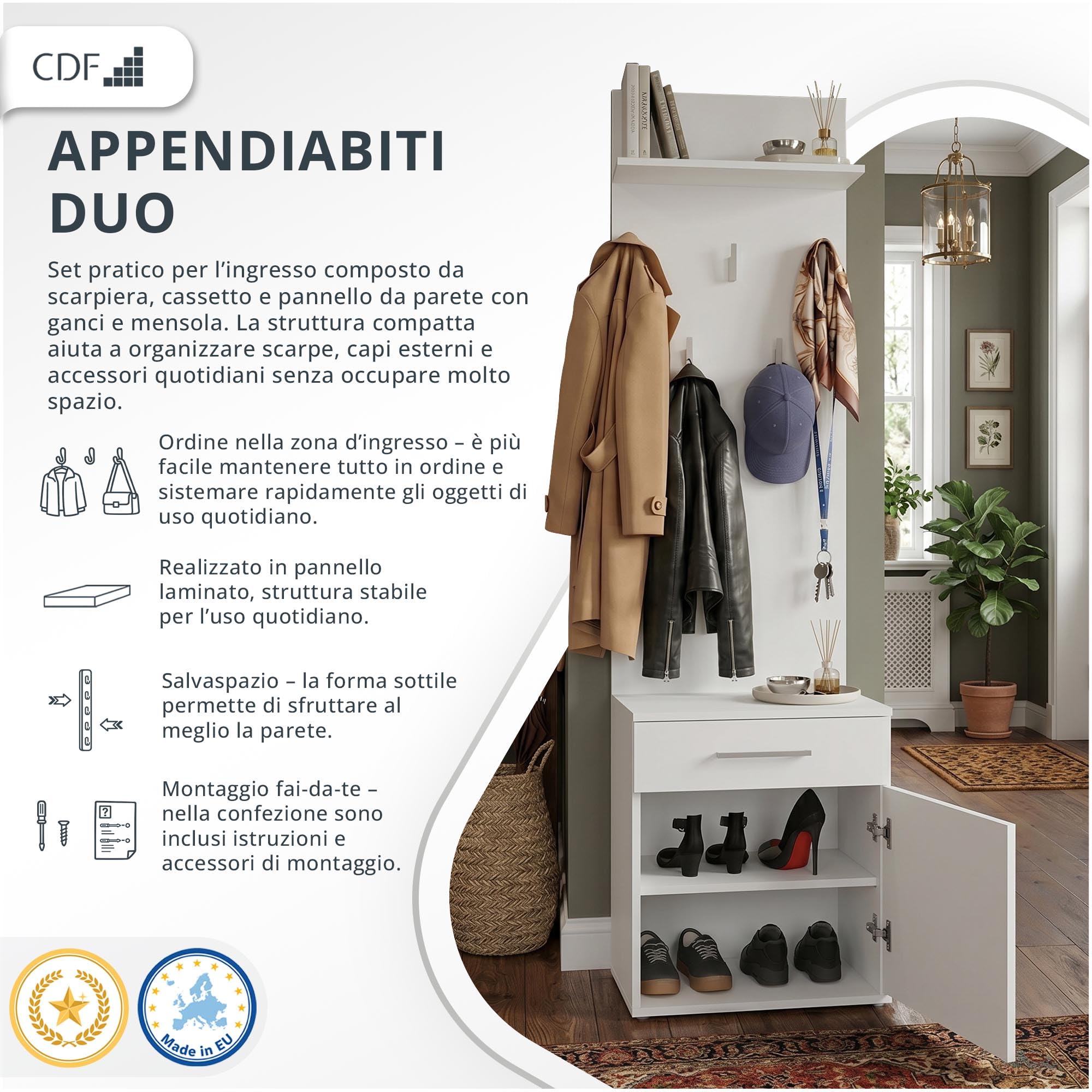 CDF Appendiabiti Ingresso con Panca Scarpier Set Appendiabiti da Corridoio Set di Mobili con Portascarpe Ganci per Entrata Armadietti per Corridoio Moderno Set Salvaspazio Bianco
