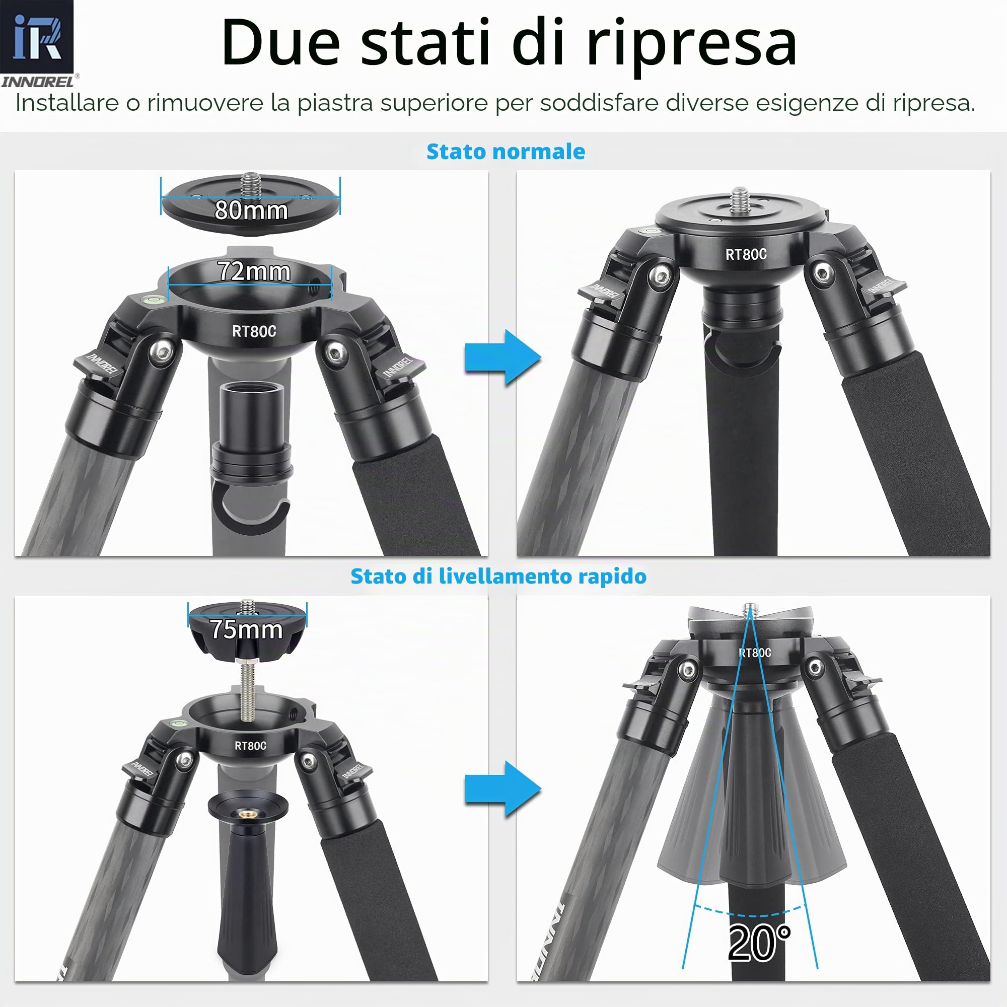 INNOREL RT80C Treppiede a Ciotola in Carbonio 160cm/63in, Carico Massimo 20kg, Tubo Massimo 32mm 4 Sezioni,con 65mm Adattatore per Ciotola/Borsa,Treppiedi Professionale Impieghi Gravosi Ultra Stabile