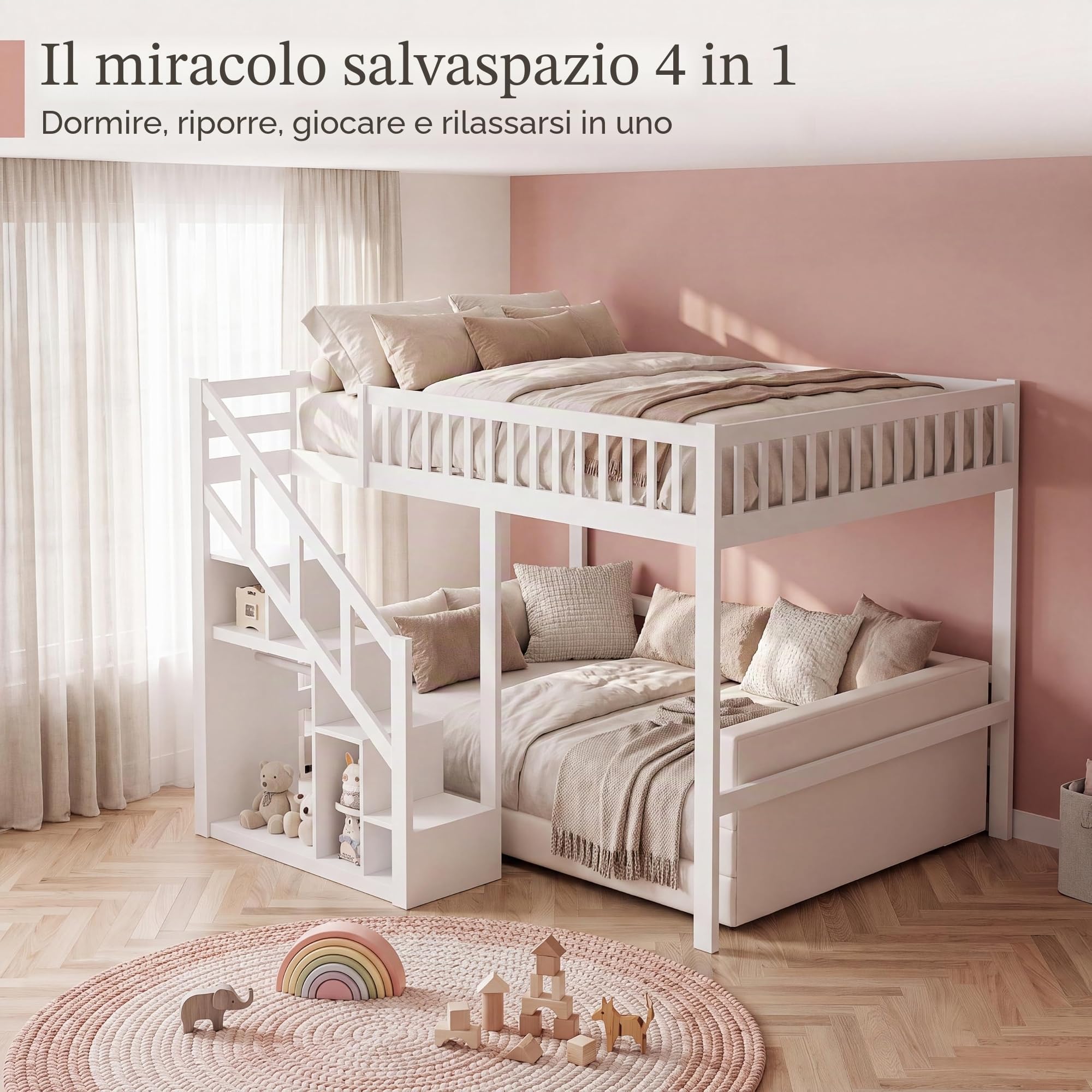 Letto a castello, 90 x 200 cm, letto a castello con scale e spazio di archiviazione, lettino per bambini con libreria e armadio, letto per ragazzi con rete a doghe, in legno massiccio, senza