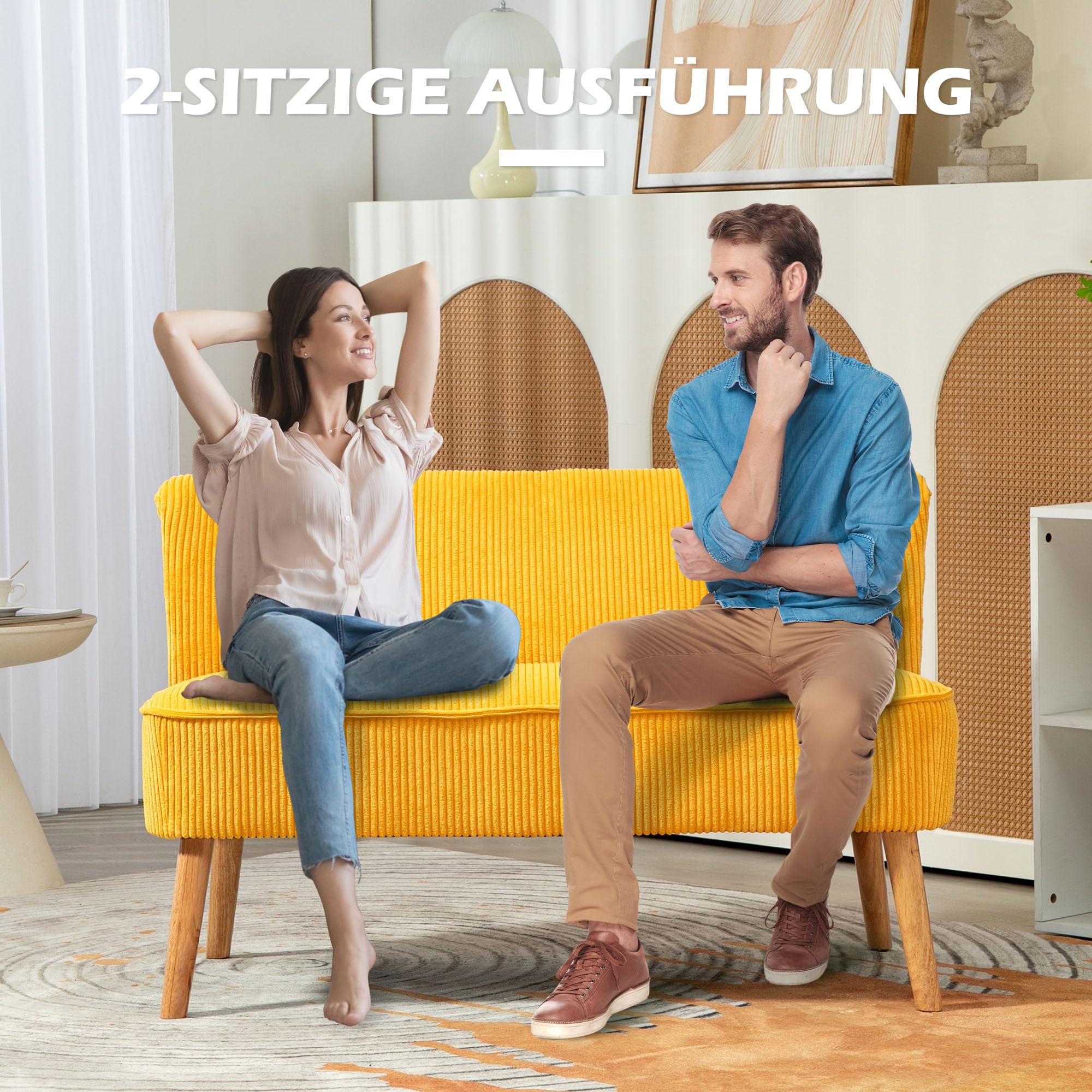 HOMCOM Sofa 2 Sitzer Couch, Kleine Loveseat mit Cord-Optik Modern Polstersofa für Wohnzimmer, Schlafzimmer, kleinen Raum, Gelb 117 x 56,5 x 77 cm