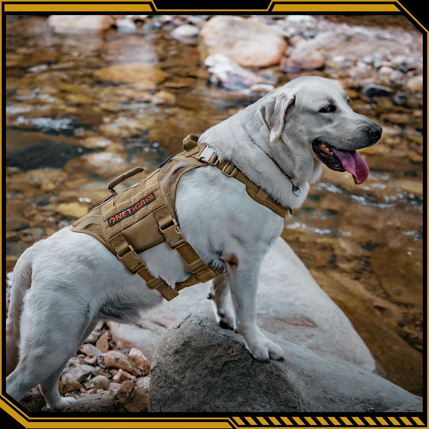 OneTigris Tactical Dog Harness for Large Dogs, Adjustable Tactical Dog Harness with Handles, Reflective Vest Heavy Duty & Breathable Military Assistance Vest with No Pull Buckle, Brown