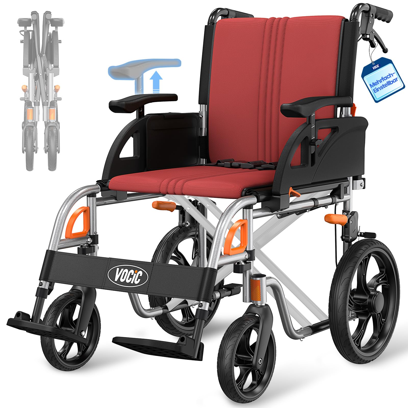 VOCIC U12 Sedia a Rotelle Pieghevole Ergonomica Regolabile | Carrozzina per disabili 13KG fino a 136KG,maniglie e braccioli regolabili,doppio freno,30CM ruote,alluminio stretta|Rosso