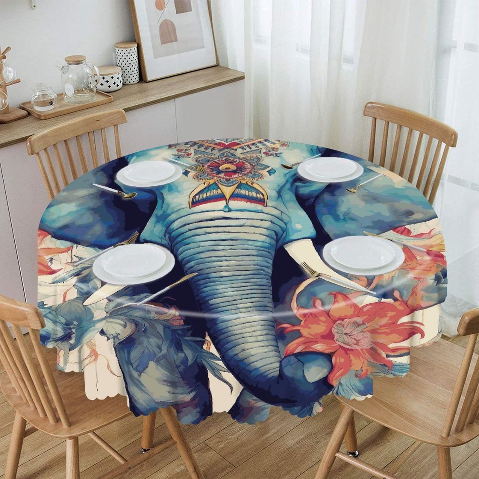 FekiLoot Peacock Feathers Elephant Round Tablecloths 60 Inch Resistant Washable Polyester Table Cloth Style Decorative Circle Fabric Table Cover for Dining Kitchen Party Farmhouse Outdoor