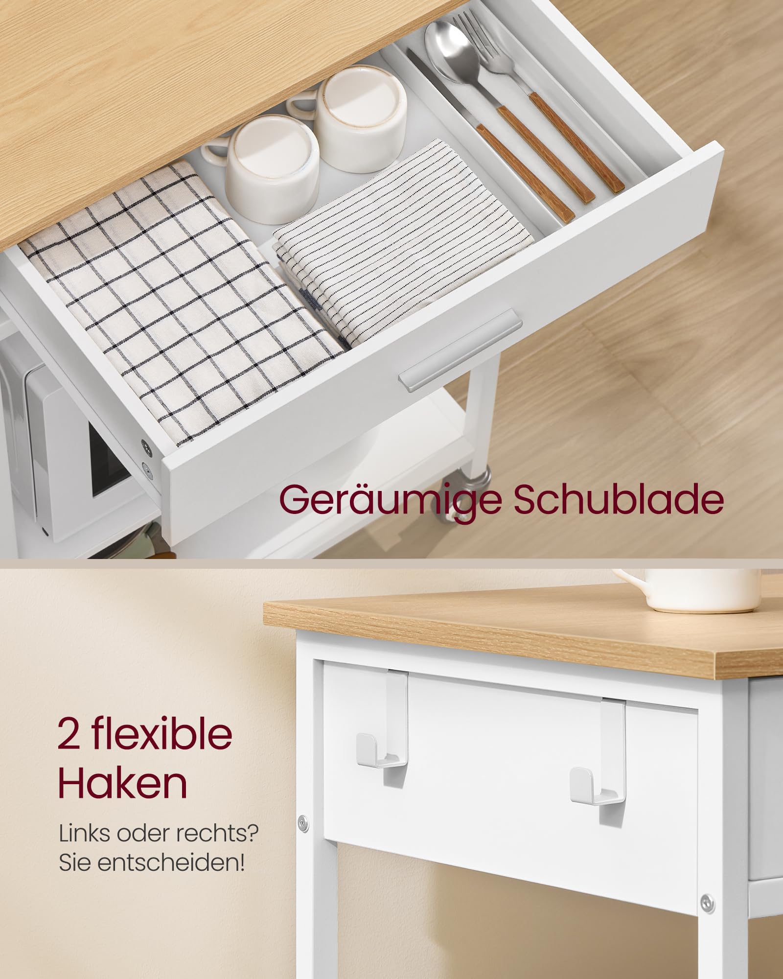 VASAGLE Küchewagen mit Rollen, mobiler Servierwagen mit Stauraum, Kücheninsel, 47 x 60 x 90 cm, Schublade, 2 Haken, für Esszimmer, eichenbeige-mattweiß KKI007Y01