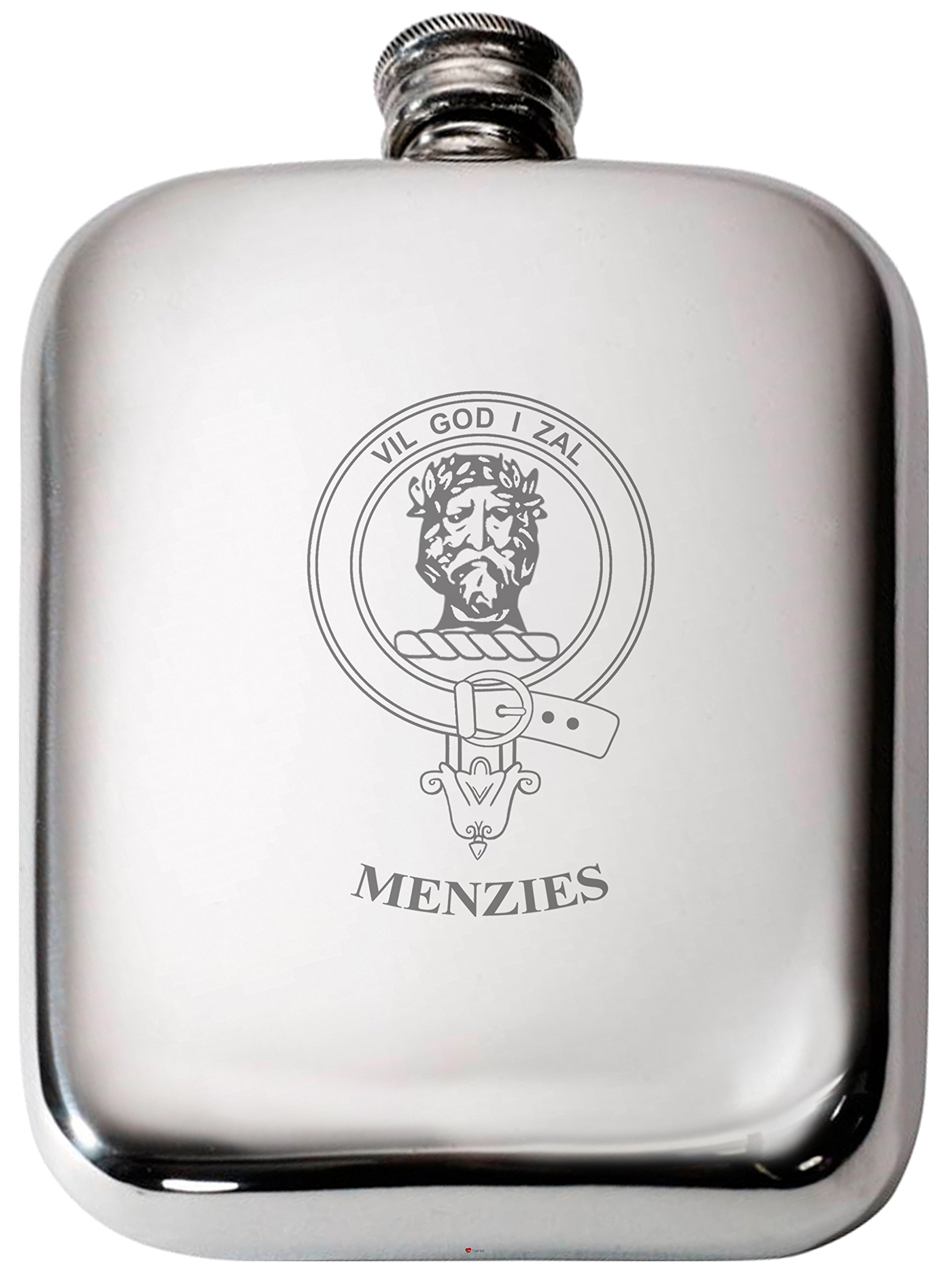 Flacon de hanche Menzies I LUV LTD en étain 6oz avec crête de clan écossais