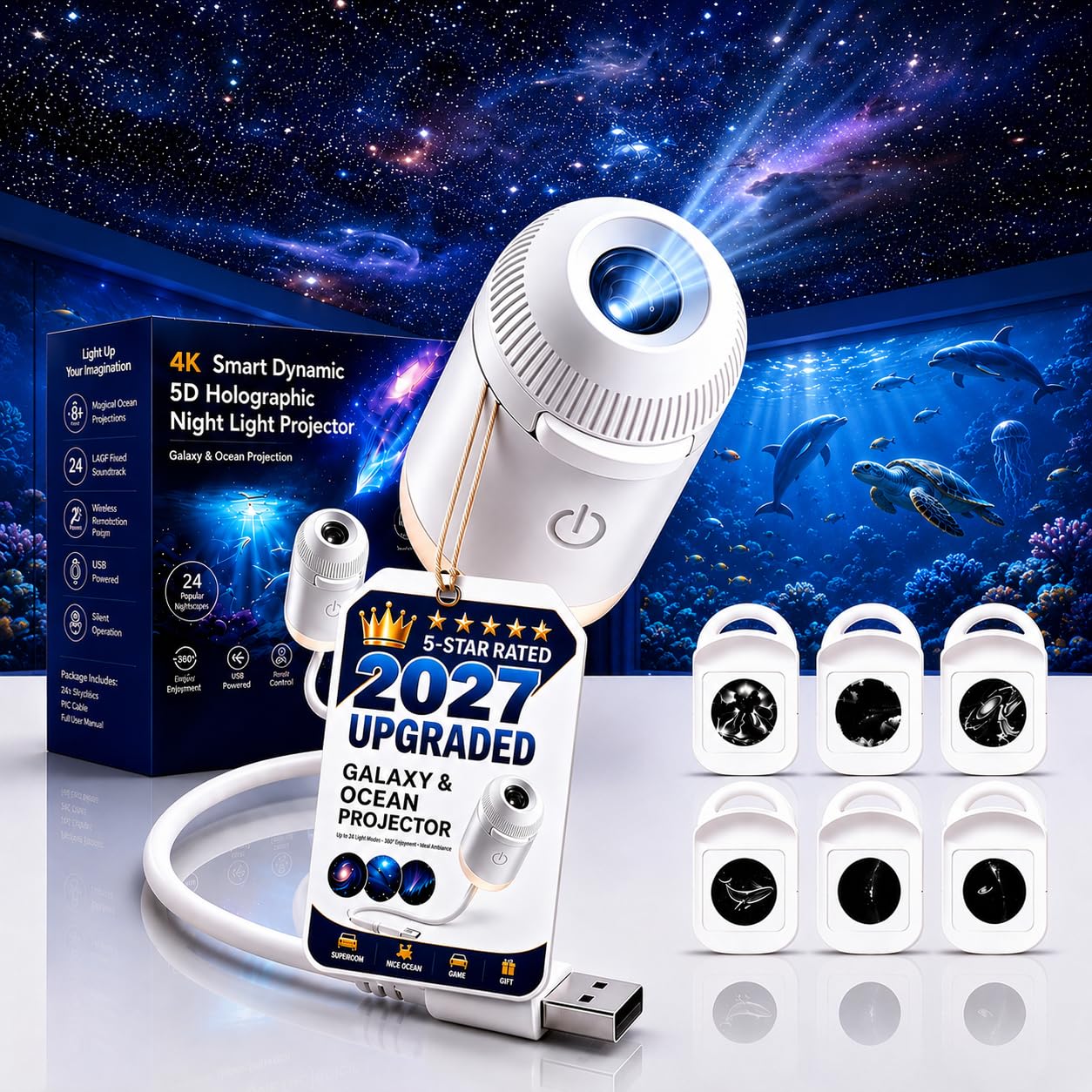 Ocean, Galaxy Projector Night Light, 2027 New Ultra HD Holographic Night Light Projectors, Plug and Play Ceiling Projector, USB Portable, 360° Adjustable Ocean for Bedroom (Upgrad 6 Films)