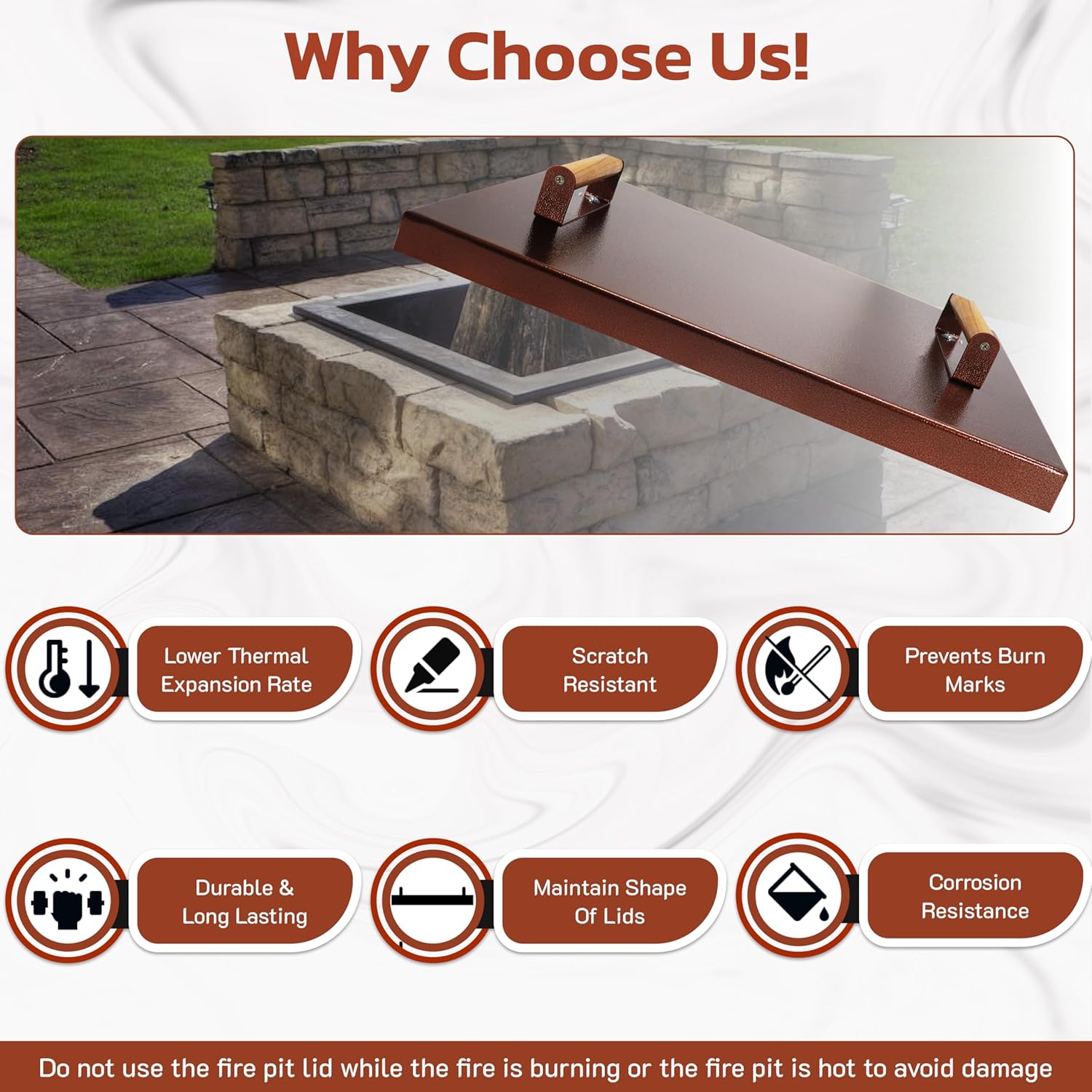 FEBTECH 22.6" Fire Pit Lid Rectangle - 16 Gauge Carbon Steel FirePit insert Cover with 2 Heat Resistant Wooden Handles - Fire Pit Accessories Ideal for Outdoor Fireplace.