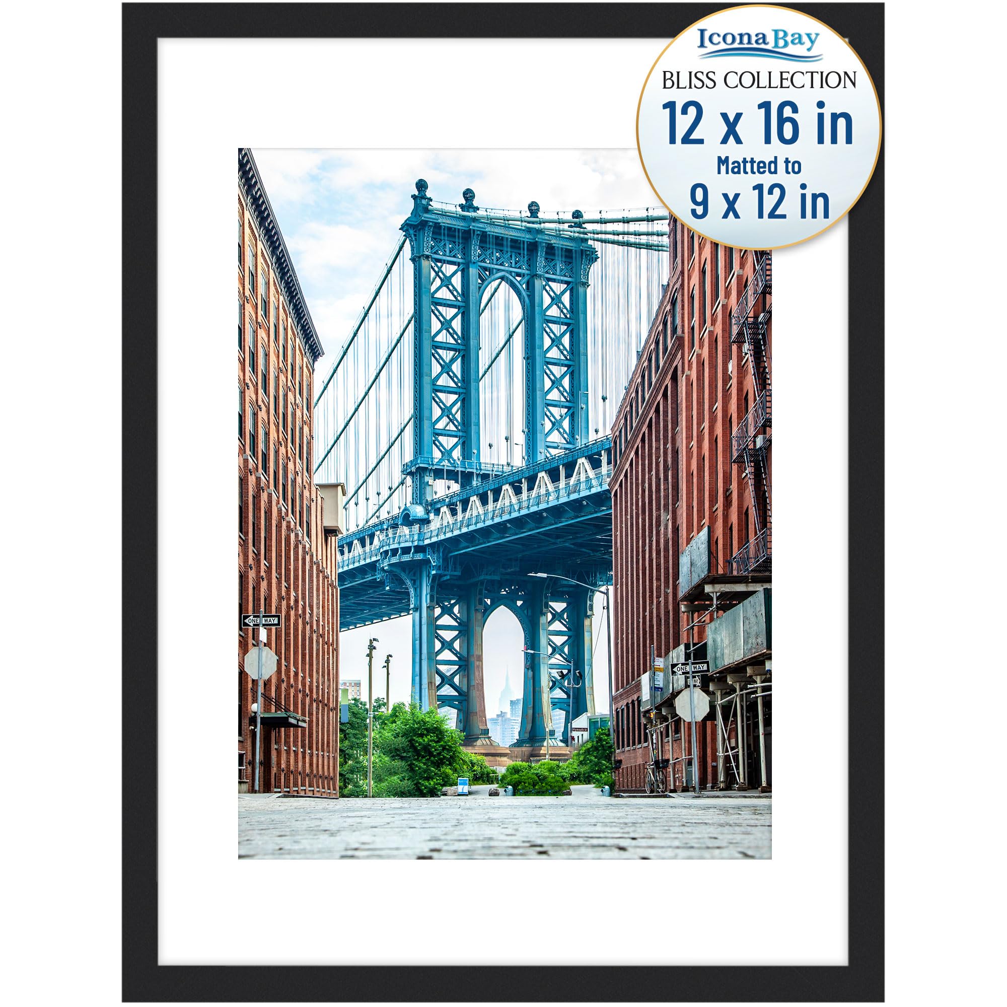 Icona Bay - 12x16 Black Picture Frame Fits 11x15 Photos with Mat to 9x12 Image - Modern Style Engineered Wood Poster Frame - Wall Mount Only - Bliss Collection — image 1