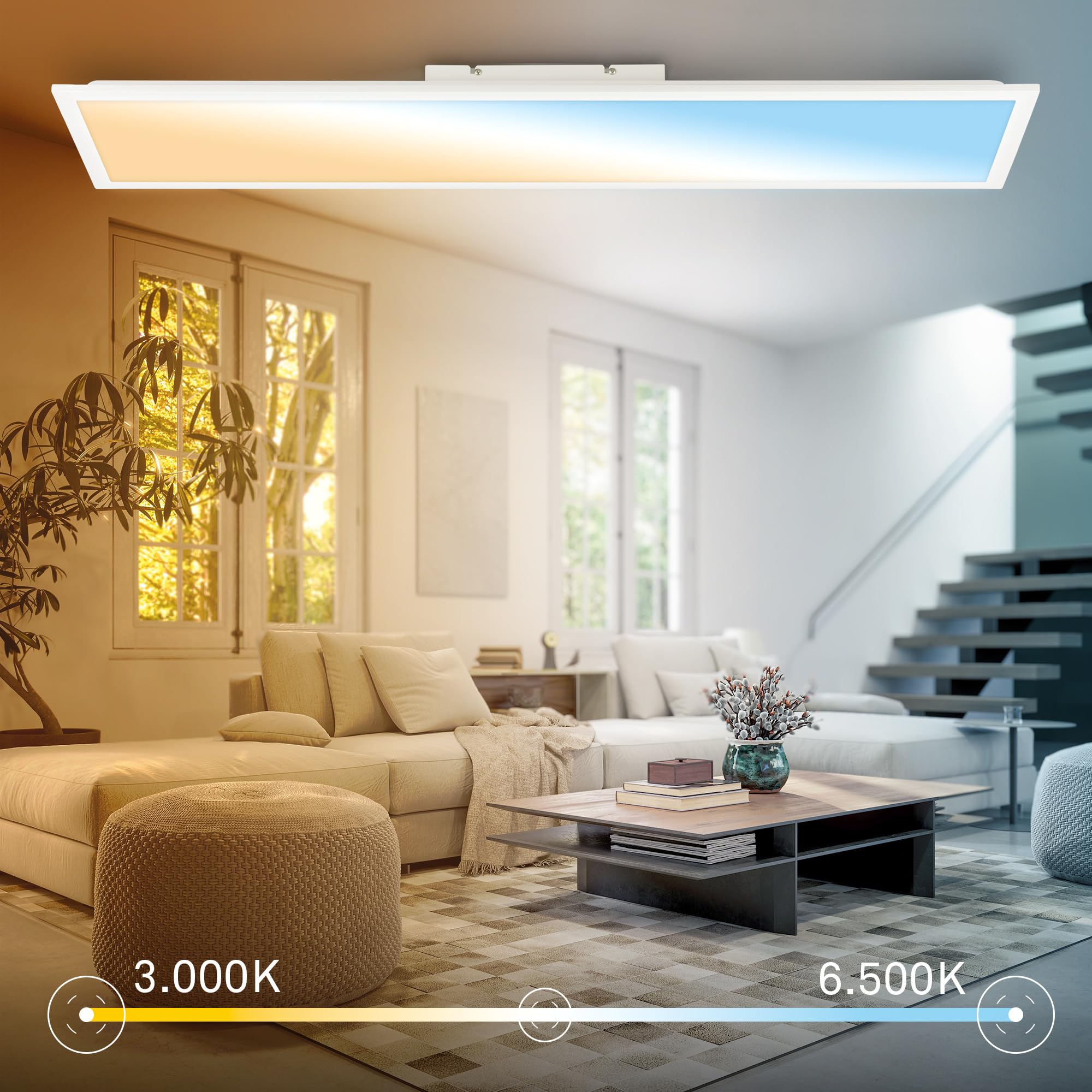 BRILONER - LED Panel mit EEK A Lichtquelle, 12,6W, 2860lm, Fernbedienung, dimmbar, CCT warmweiß bis kaltweiß, LED Lampe, Deckenleuchte, Wohnzimmerlampe, Deckenlampe, Flurlampe, 100x25x6 cm, Weiß