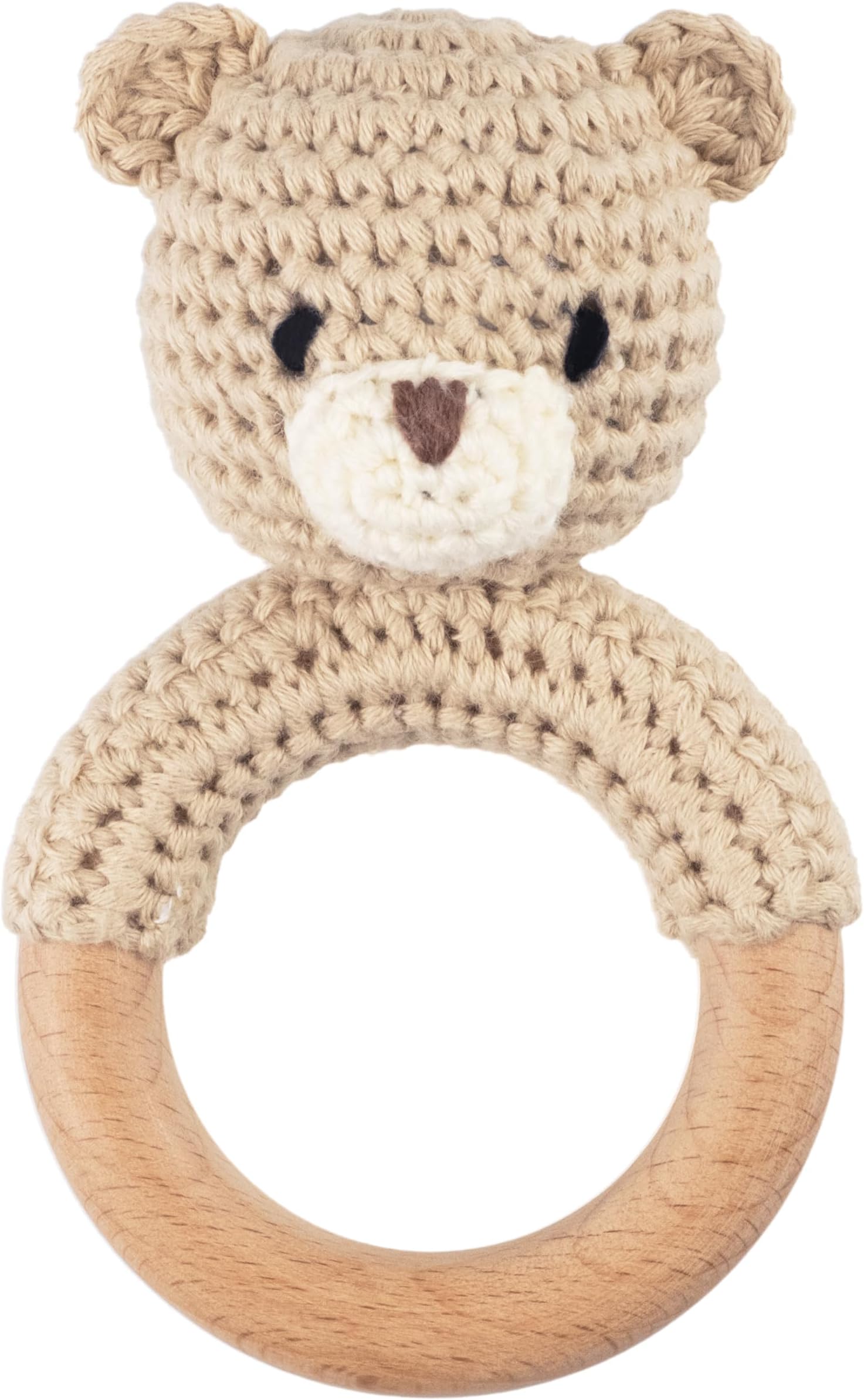 Joliecraft Safari Animals Wooden Baby Rattle Toys Stuffed Crochet Rattle with Teether Ring for Newborn, Beige Bear