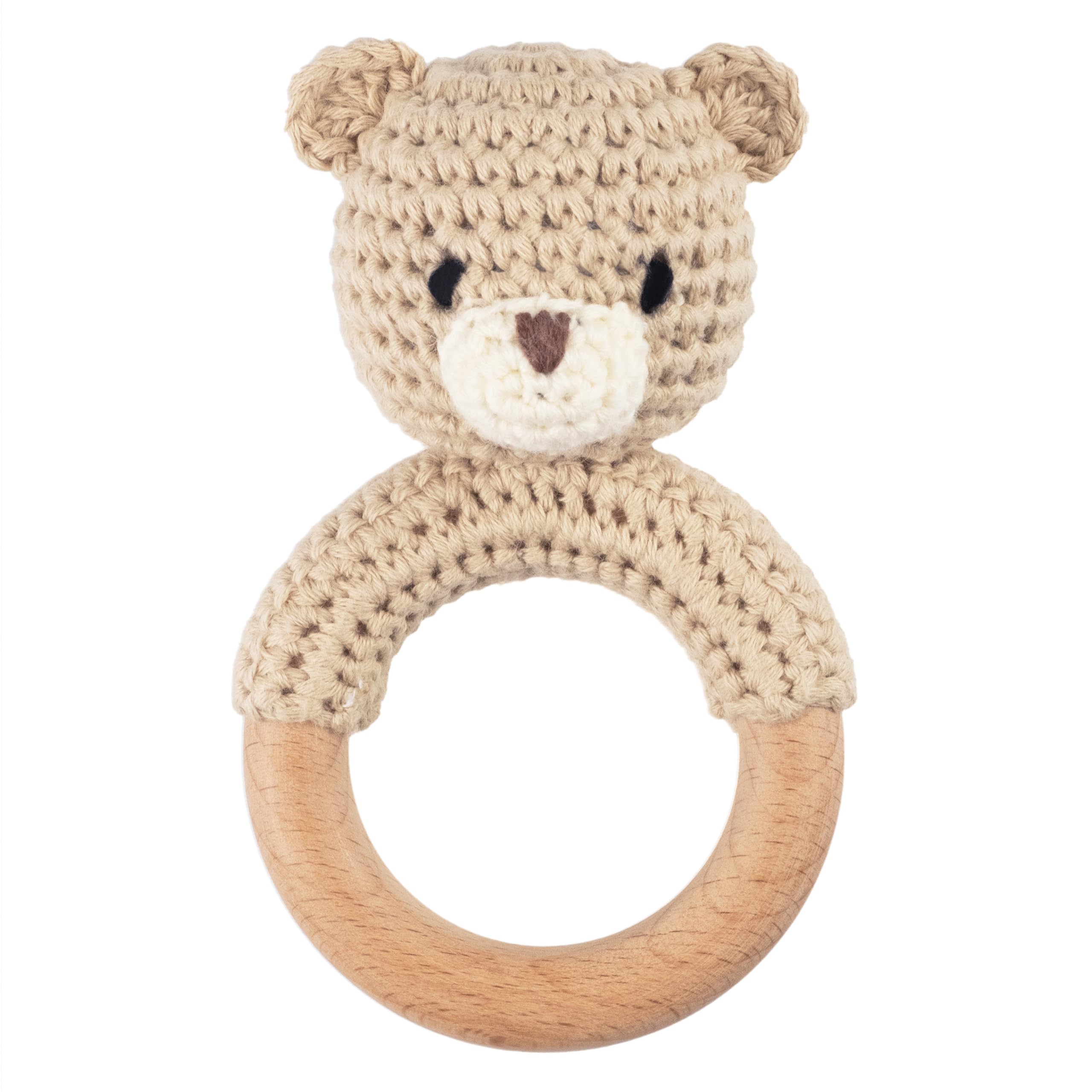JoliecraftSafari Animals Wooden Baby Rattle Toys Stuffed Crochet Rattle with Teether Ring for Newborn, Beige Bear