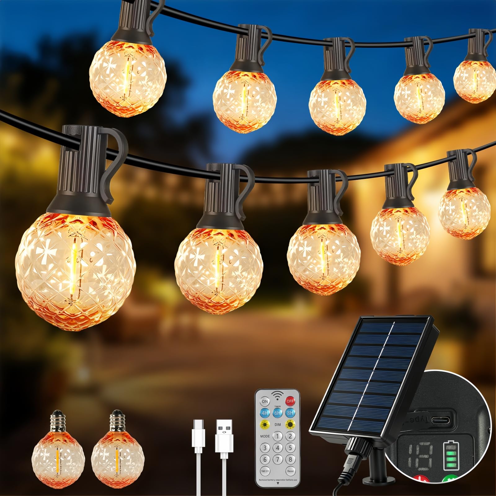 Guirnalda de luces solares para exteriores con control remoto, carga dual solar y tipo C, cadena de luces de jardín de 15 m | 25 + 2 bombillas LED G40, impermeable, regulable, inastillable