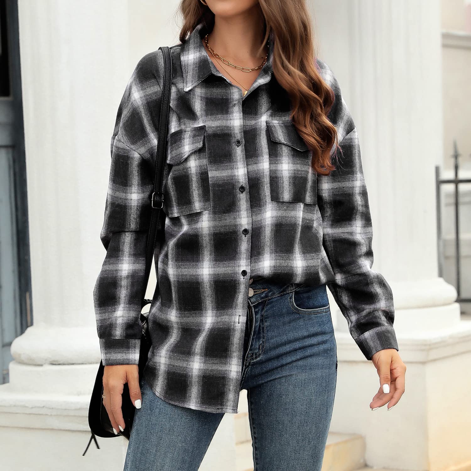 TEMKIN Blusa Camisa De Botón A Cuadros De La Moda De Mujeres-Negro-SG
