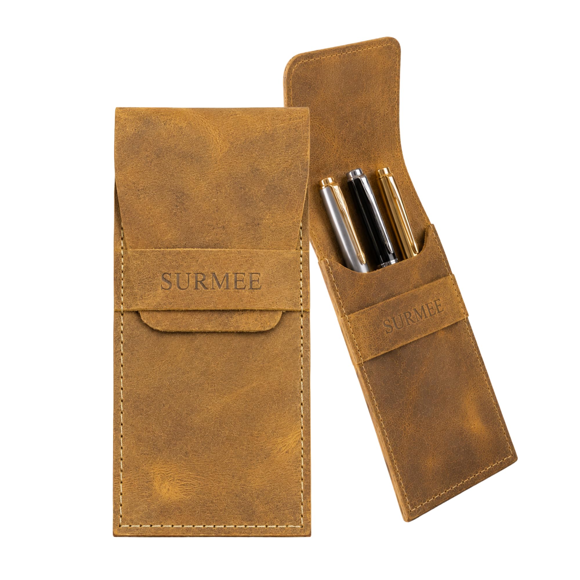 Handcrafted Genuine Leather Pen Case – Vintage Brown Pen Holder Pouch with Secure Tuck-in Flap | Elegant Office & Gift Accessory for Men, Women, Pens & Pencils-image-38