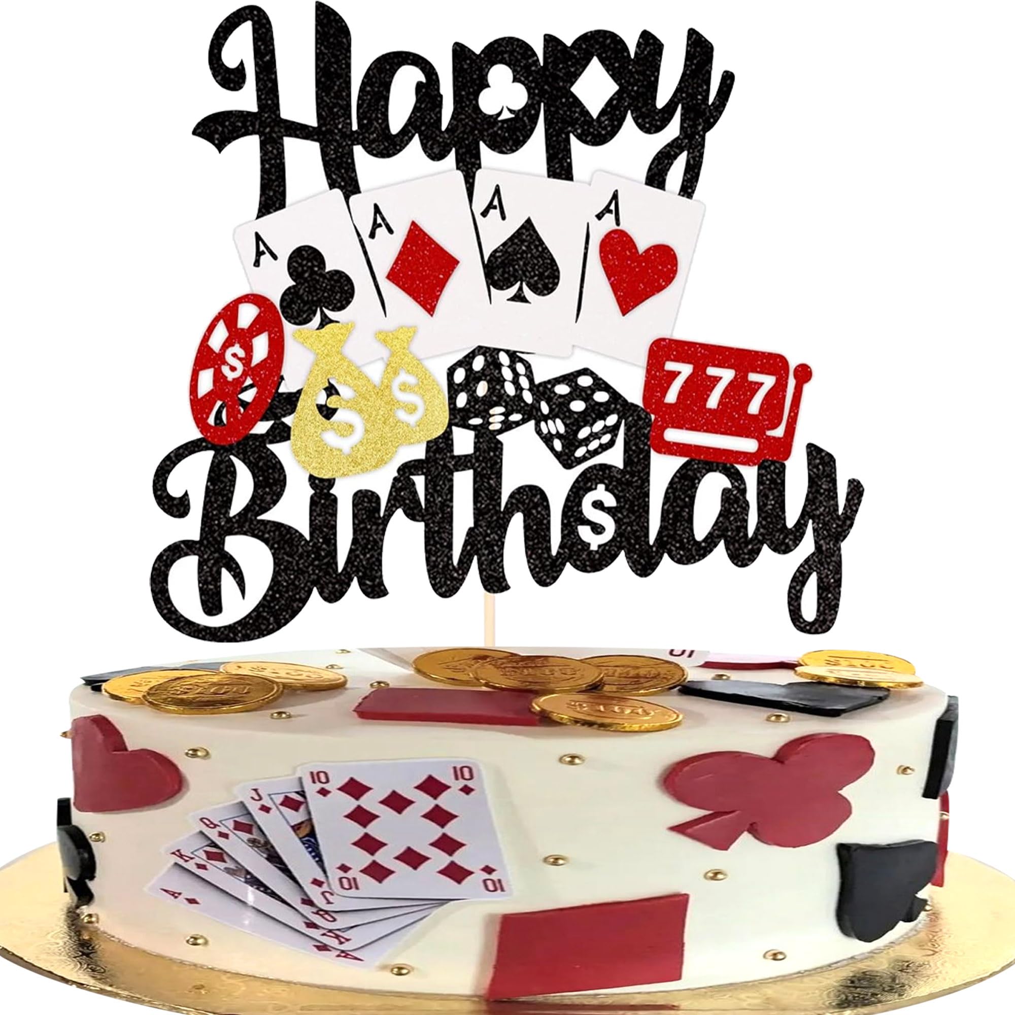 1 Pack Casino Cake Topper with Glitter Poker Game Chips Player Happy Birthday Cake Pick Las Vegas Casino Night Theme Birthday Party Cake Decorations Supplies …