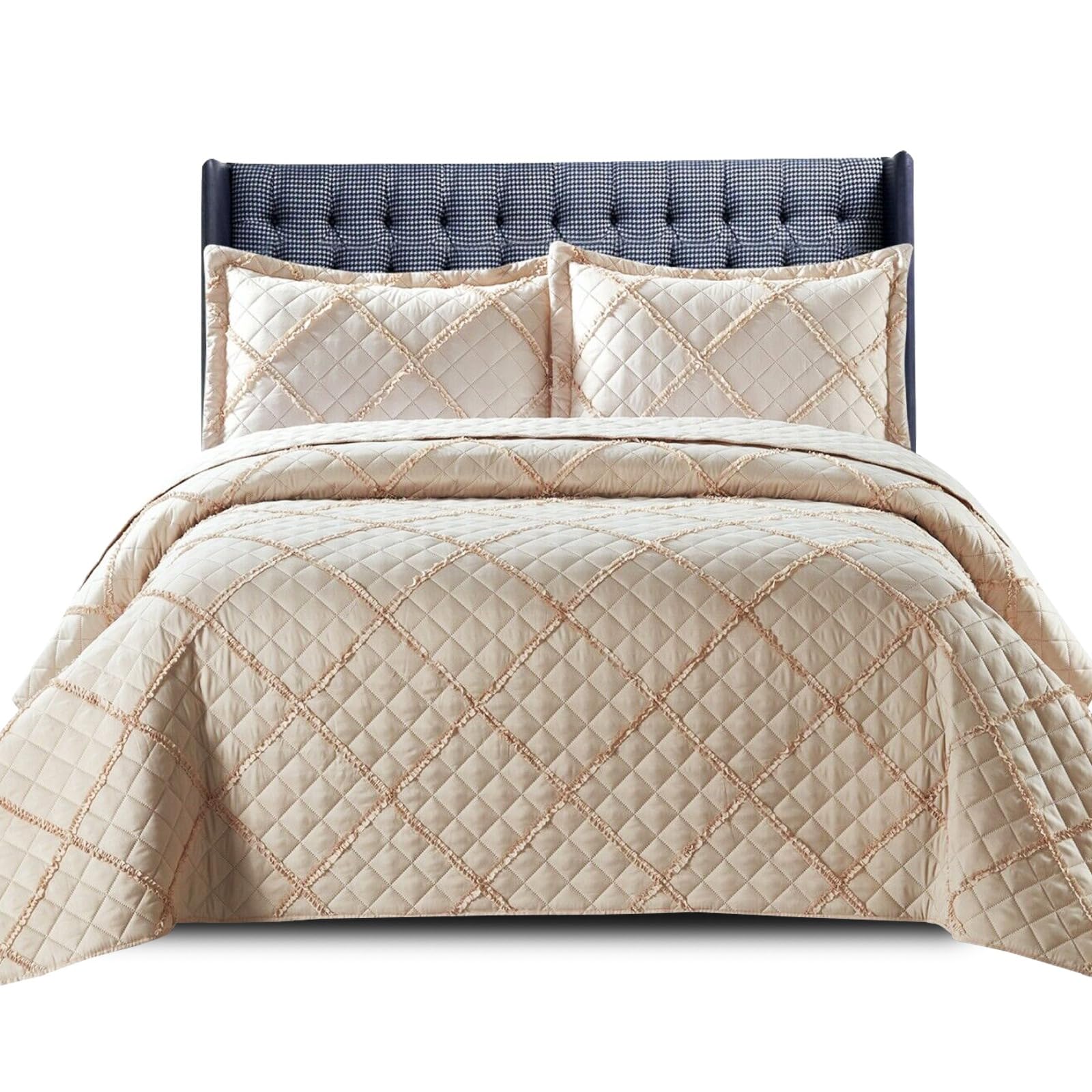 Modern & Stylish Embossed Ruffle Quilted Bedspread Bed Throw Single Double King size bedding set (Beige-Ruffle, King)
