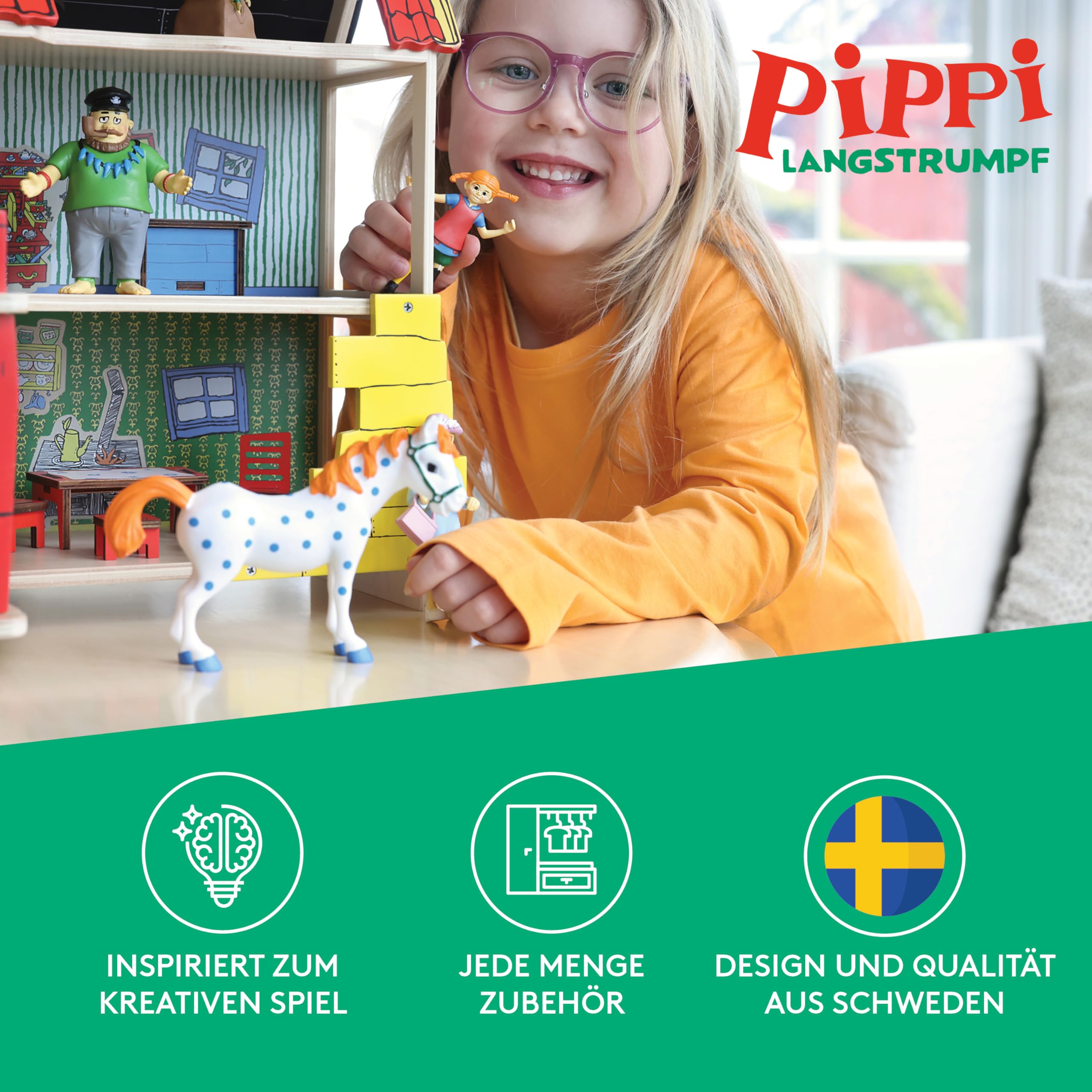 Pippi Langstrumpf Puppenhaus Puppen – Kunststoff Puppenhaus Zubehör – Villa Kunterbunt Zubehör für Jungen und Mädchen – Alter 3+, Größe 10 cm