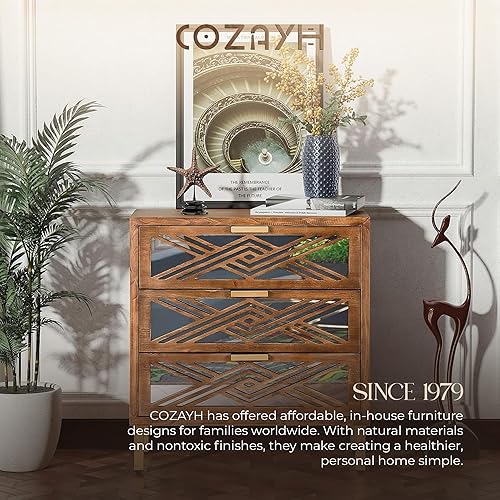 Miniatura 6 de COZAYH Cómoda decorativa de 3 cajones, organizador de cajones delanteros con espejo geométrico con asas y patas de metal, muebles modernos para sala