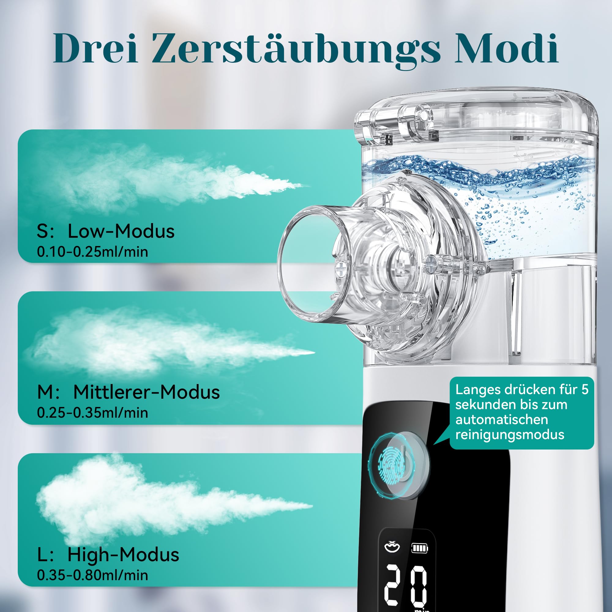Inhalationsgerät,Inhaliergeräte für Erwachsene Kinder,USB Aufladbarer Leiser Inhalator mit Mundstück 2 Masken, Portable Vernebler mit Selbstreinigungsfunktion,Einstellbarer Sprühnebel, Countdown Timer