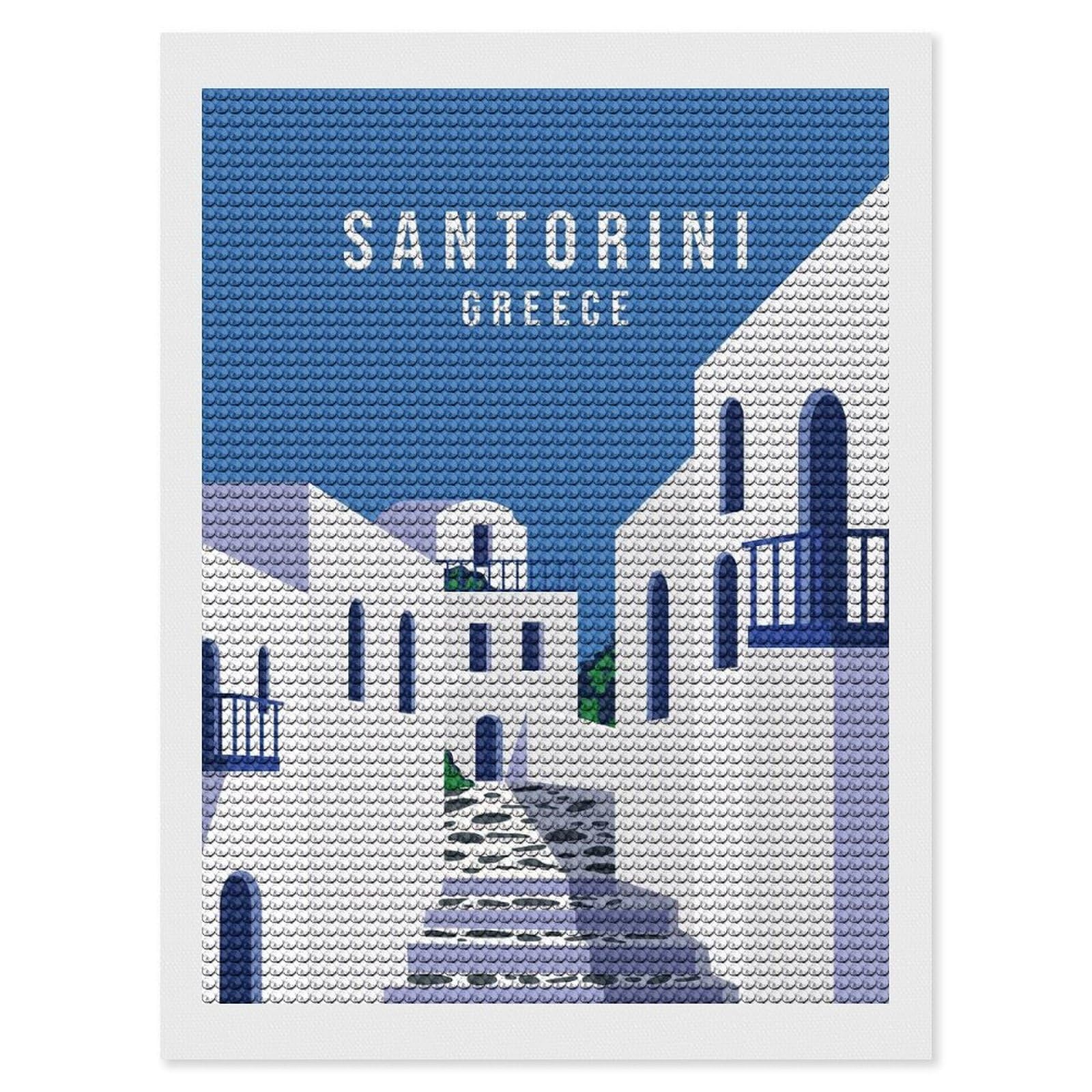 Junmoney Welcome Santorini DIY Diamond Art Canvas Kit 12"x16", Relaxing DIY, Sparkling Crystal Beads, Vintage Style Decor, Holiday Gift Idea