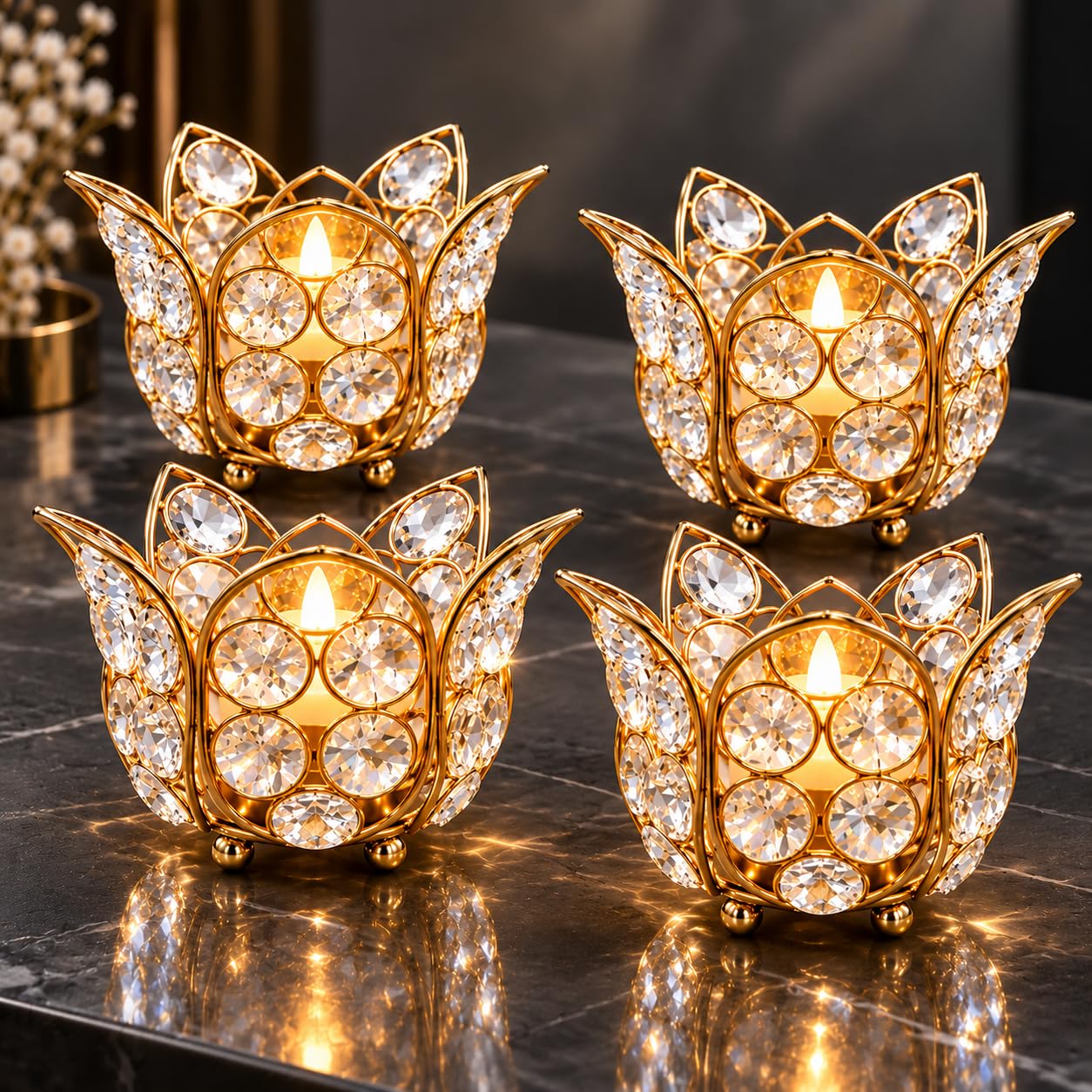 Gold Lotus Crystal Candle Holders - Home Decor -2