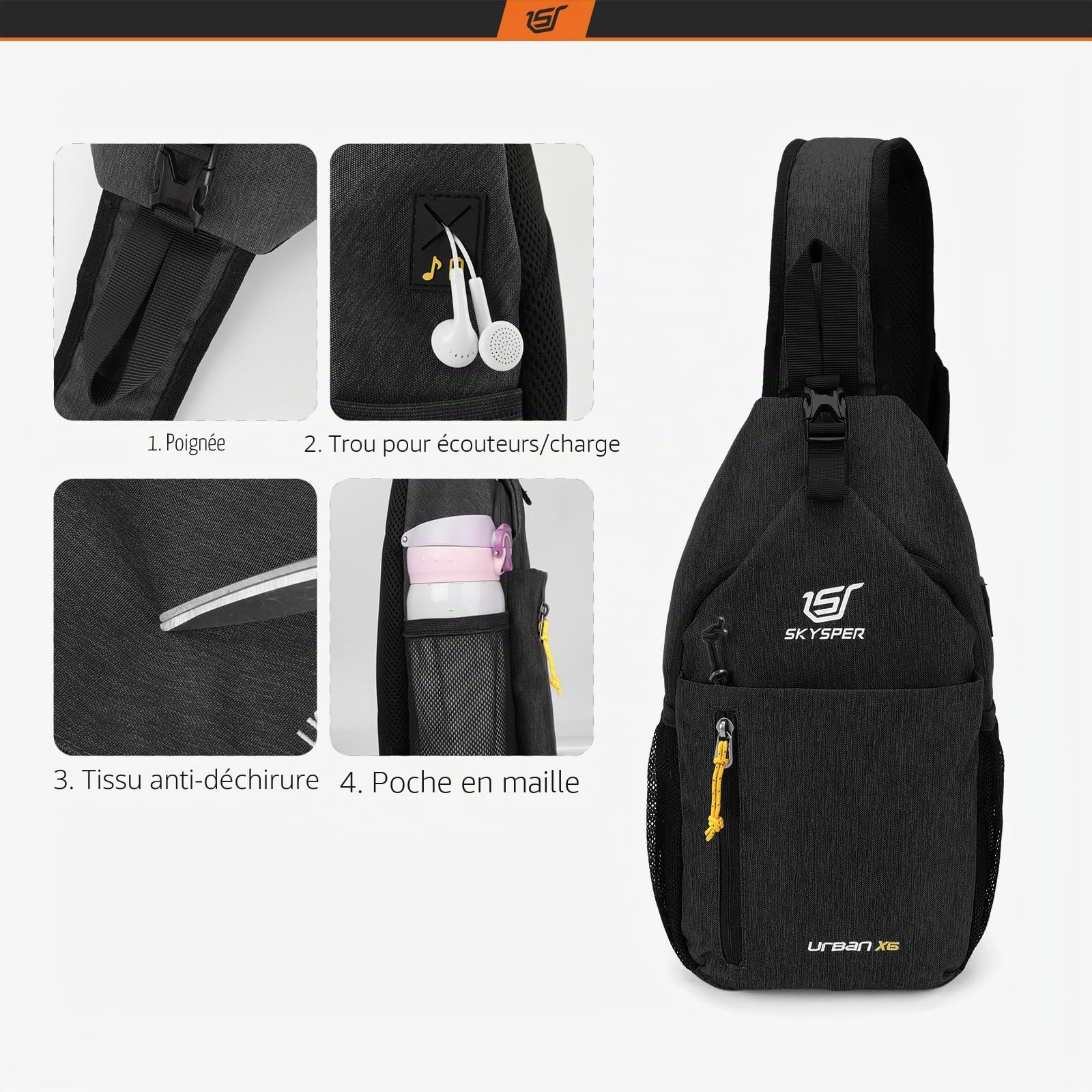 SKYSPER Sacoche Homme Bandouliere, Sacs à dos Porté Travers Sac à Poitrine avec Port pour Écouteurs, Sac à Dos de Voyage pour Homme & Femme