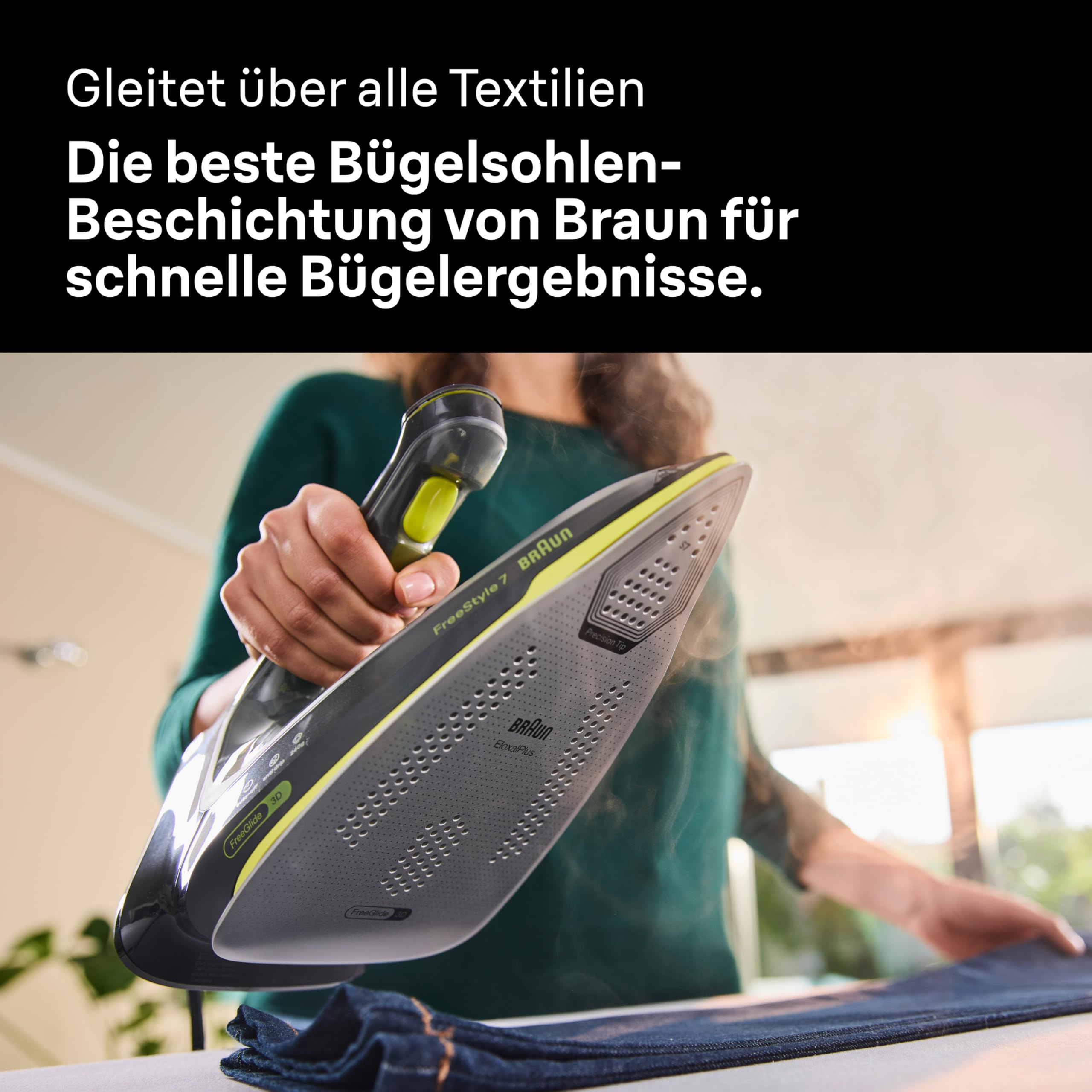 Braun FreeStyle 7 – Dampfbügeleisen mit ergonischem Griffdesign, Bügelergebnisse wie mit einer Dampfbügelstation, Schnelles und müheloses Bügeln, Schwarz/Grün (FI 7255 GR)