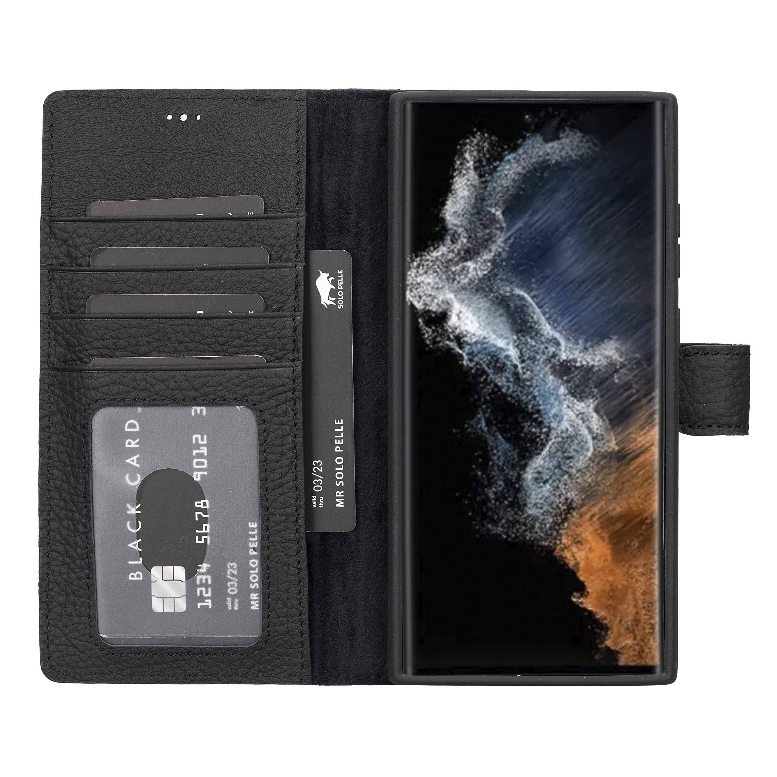 Solo Pelle Lederhülle Harvard kompatibel für das Samsung Galaxy S23 Ultra inklusive abnehmbare Hülle mit integrierten Kartenfächern (Matt Schwarz)