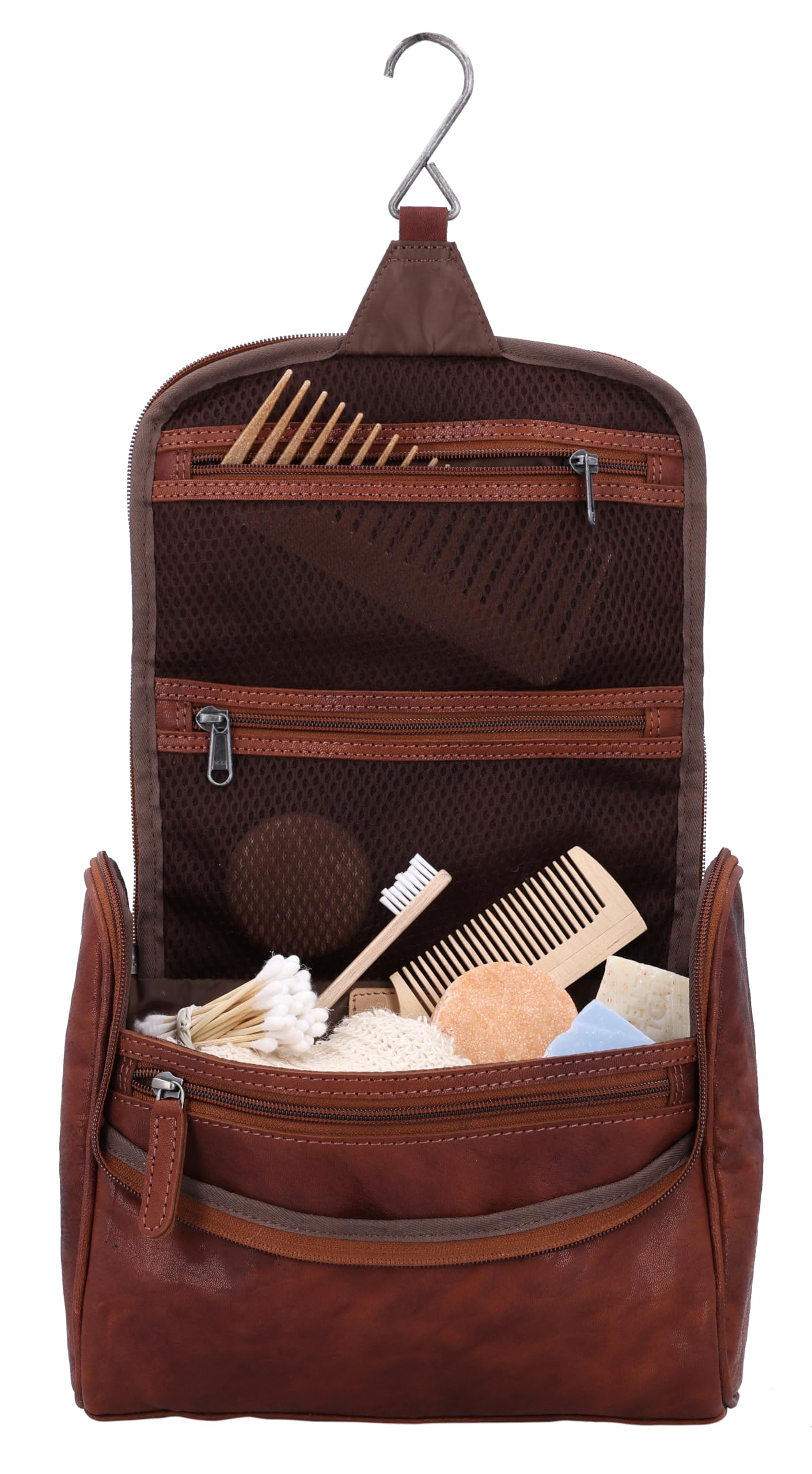 Gusti Leder Kulturbeutel Aidan - Waschtasche aus Echtleder für Damen und Herren - Kulturtasche Reise mit Aufhängehaken und Organizer-Fächern