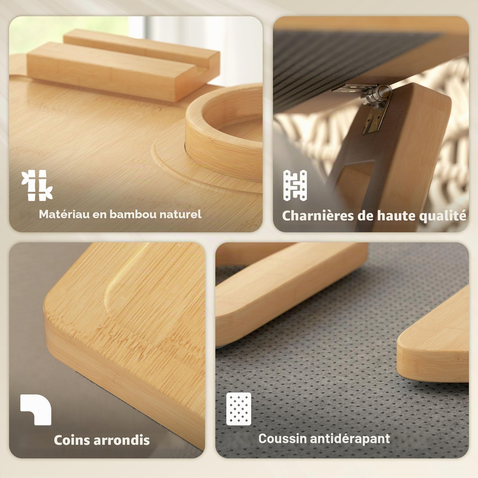 HOMCOM Plateau d'accoudoir de canapé en Bambou Flexible, Plateau d'accoudoir de canapé avec Porte-gobelet Amovible, Table d'appoint à charnière avec Support pivotant à 360° pour téléphone,