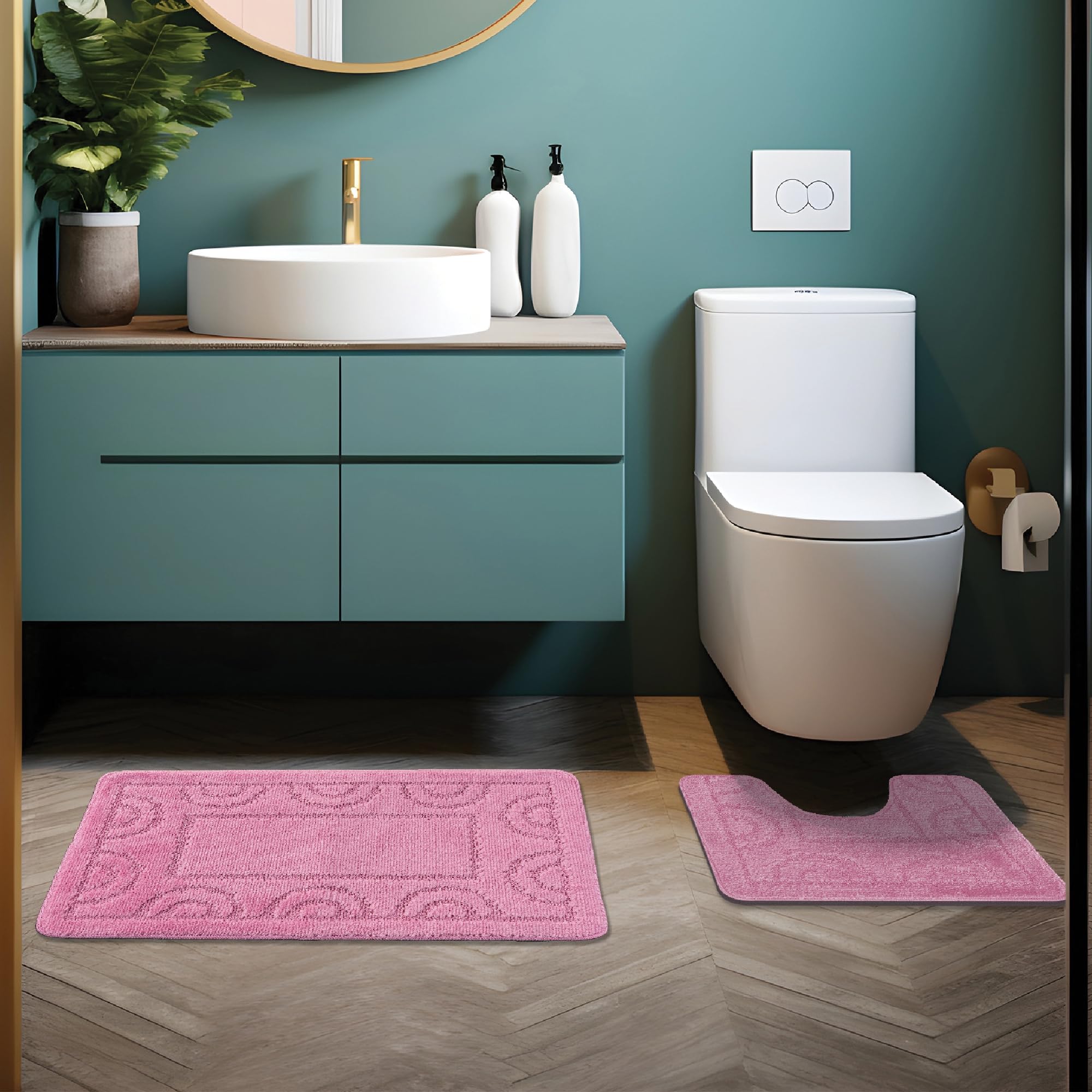 Comart - Nicole Badezimmerteppich-Set - 3-teilig - rechteckiger Teppich 50 x 80 cm + Zwei WC-Vorleger 50 x 40 cm - rutschfeste, schnelltrocknende Tris - Atmungsaktiv - Maschinenwaschbar - Rosa