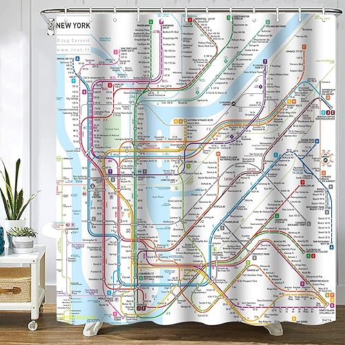 SPXUBZ Cortina de ducha con mapa del metro de Nueva York, cortinas de ducha para baño, impermeable, tela de poliéster, con ganchos, 72 x 72 pulgadas