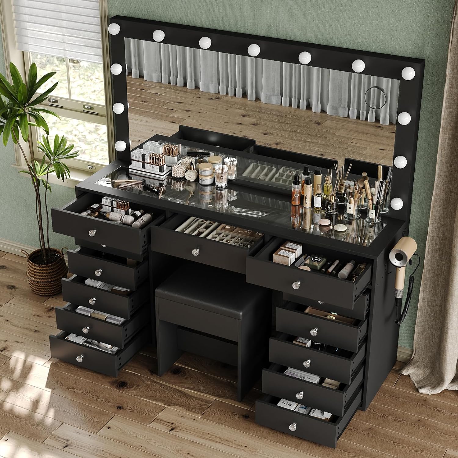 FUSOU Makeup Vanity with all 13 drawers open, showcasing storage capacity for cosmetics and accessories.