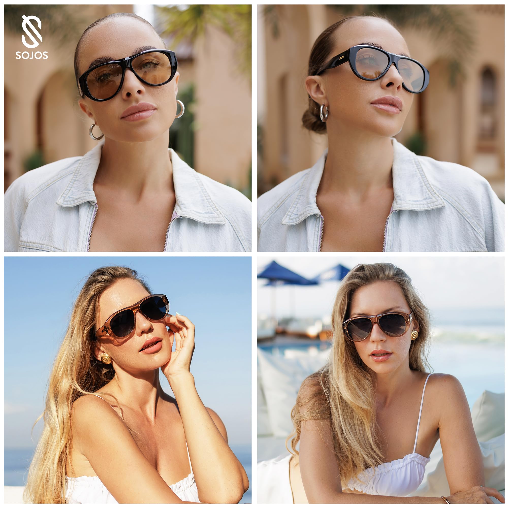 SOJOS Retro Oversized Polarized Aviator Sunglasses for Women Men Vintage 70s Style UV Protection Sunnies SJ2328, Black Frame/Grey Grading Lens