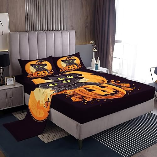 Miniatura 1 de Sábanas de Halloween tamaño King  Sábanas de calabaza de gato negro para niños y niñas, juego de sábanas naranja y negro con sábana bajera de