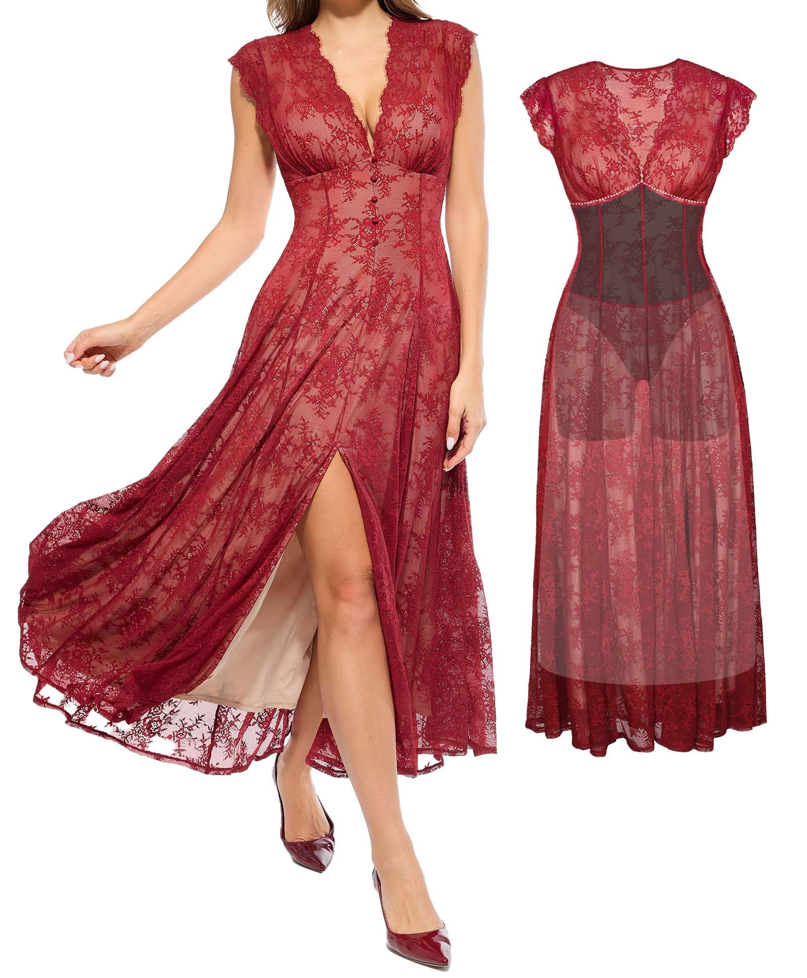 Photo 1 of Popilush Lace Maxi Dresses for Women Sleeveless V Neck Formal Cocktail Shapewear Dress Wedding Guest Mother of Bride Split Dresses Red L