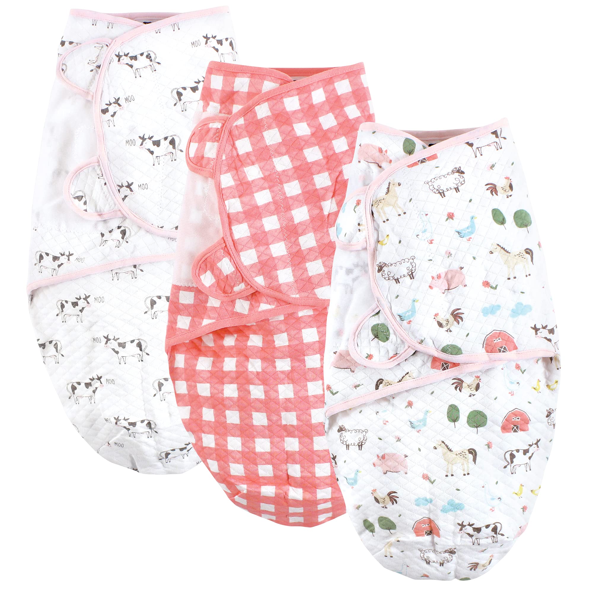 Hudson Baby Unisex Baby Quilted Cotton Swaddle Wrap 3pk, Girl Farm Animals, 0-3 Months