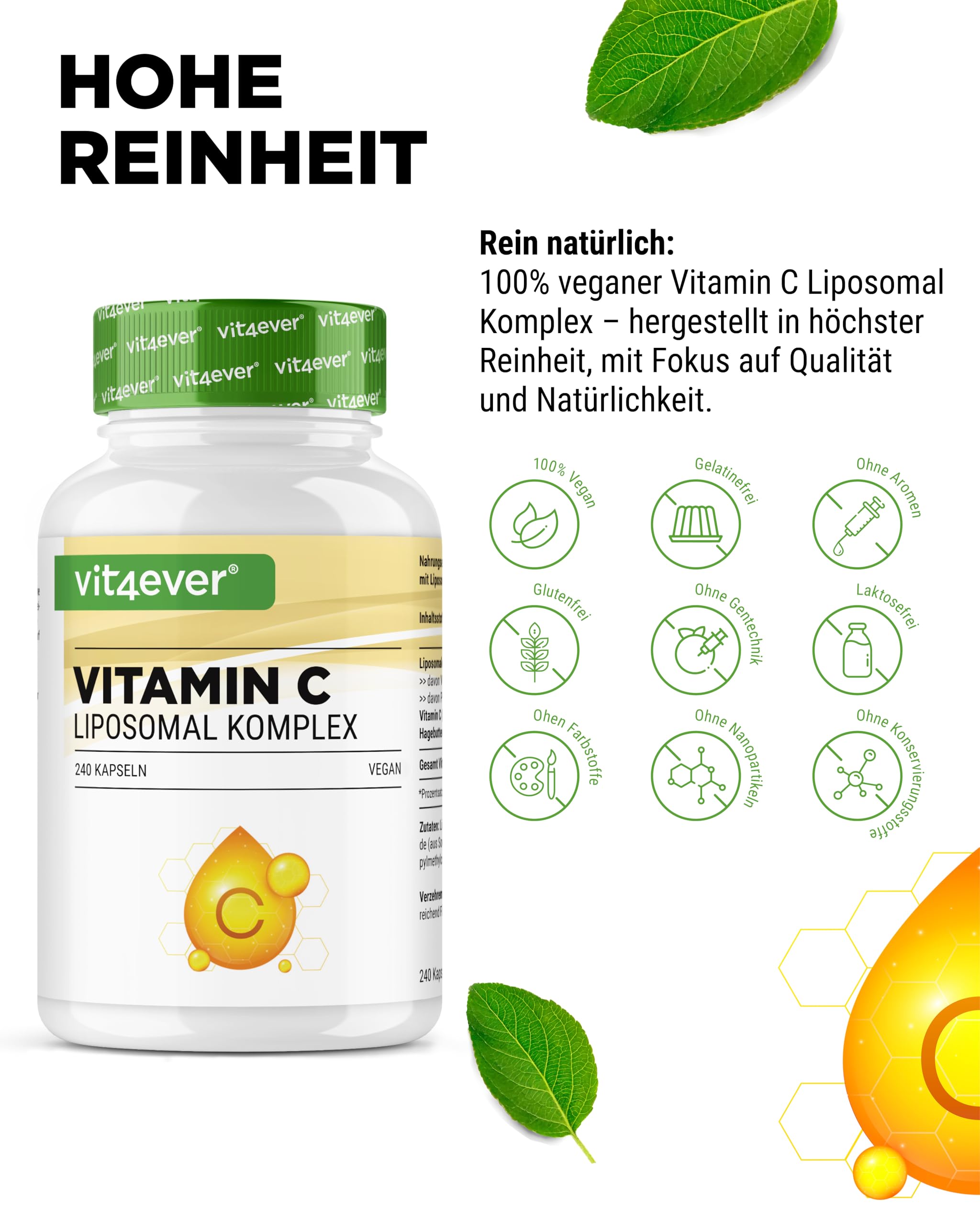 vit4ever Liposomales Vitamin C - 240 vegane Kapseln - Premium: Hochdosiert mit 1000mg reinem Vitamin C pro Tag - Besonders hohe Bioverfügbarkeit | Liposomale Form, hohe Bioverfügbarkeit, hochdosiert, vegan